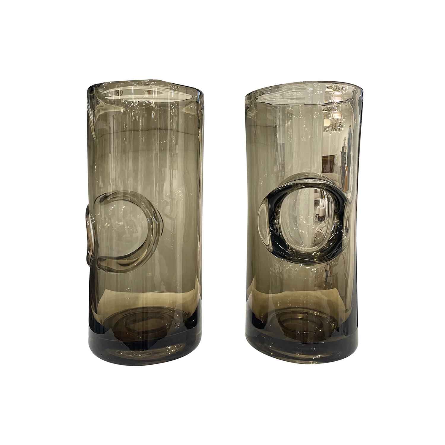 Mid-Century Modern 21st Century European Pair of Smoke Infused Crystal Glass Vases For Sale