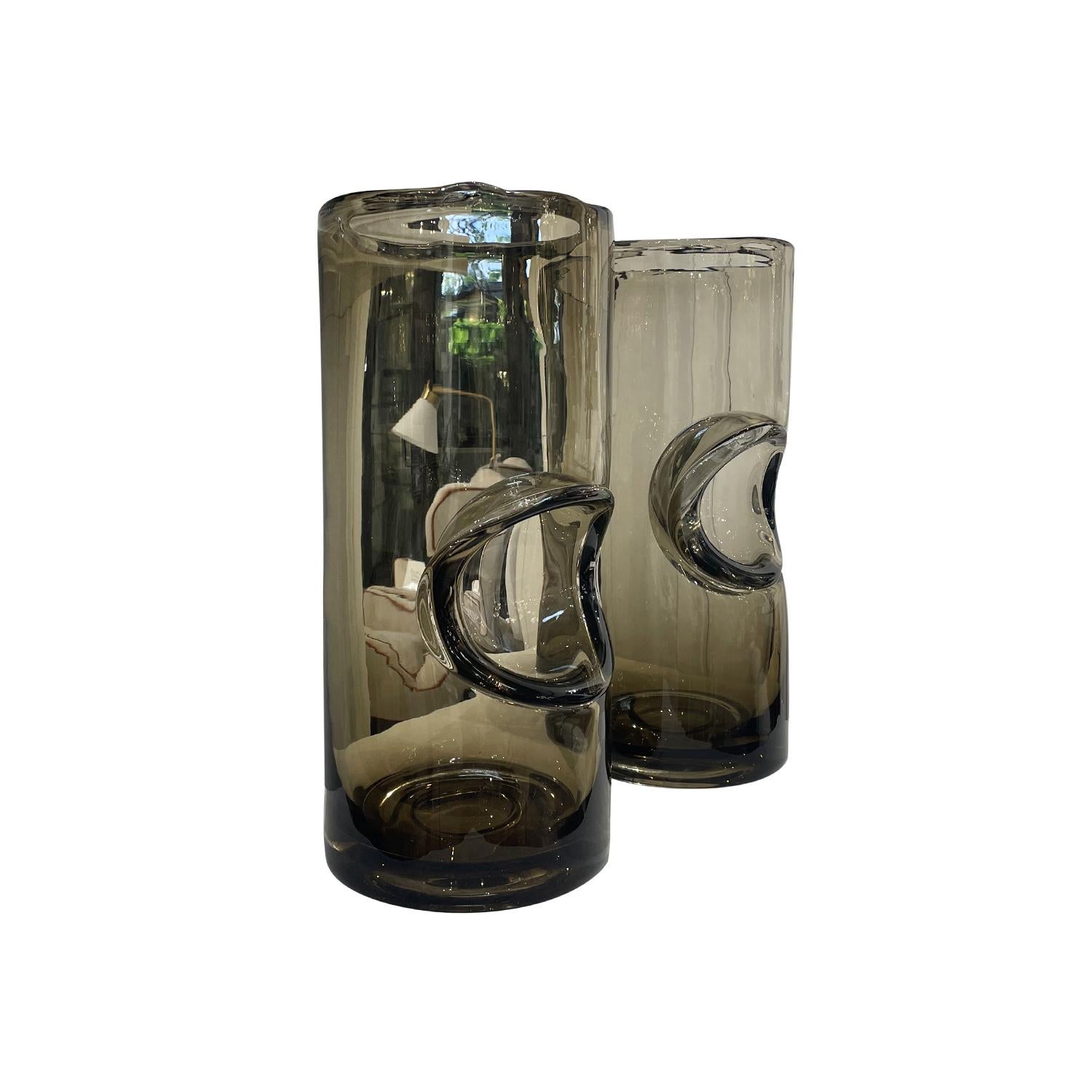 Hand-Crafted 21st Century European Pair of Smoke Infused Crystal Glass Vases For Sale
