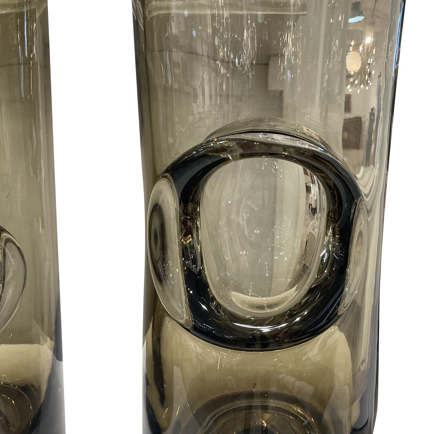 Contemporary 21st Century European Pair of Smoke Infused Crystal Glass Vases For Sale