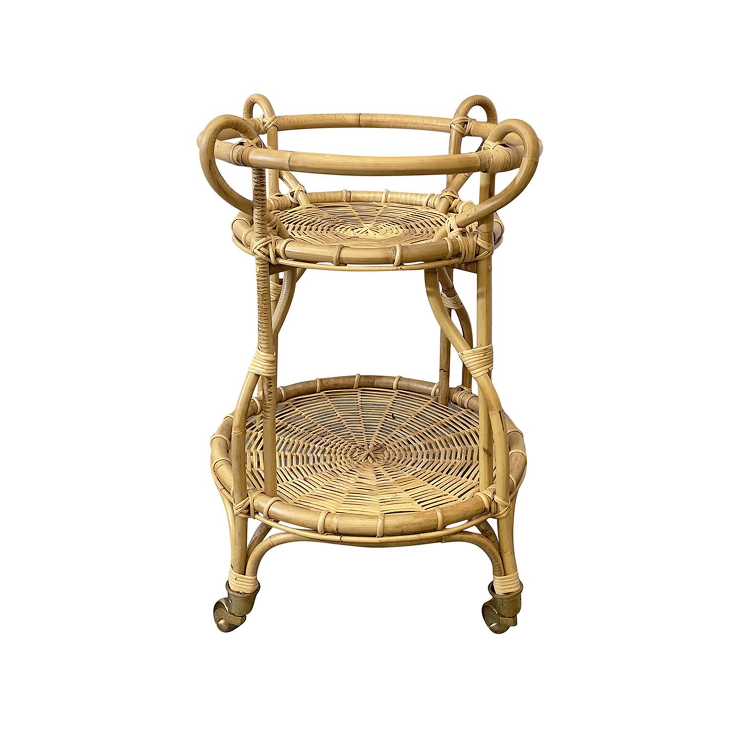 Mid-Century Modern 21st Century European Rattan Trolley Cart Table in the Style of Franco Albini For Sale