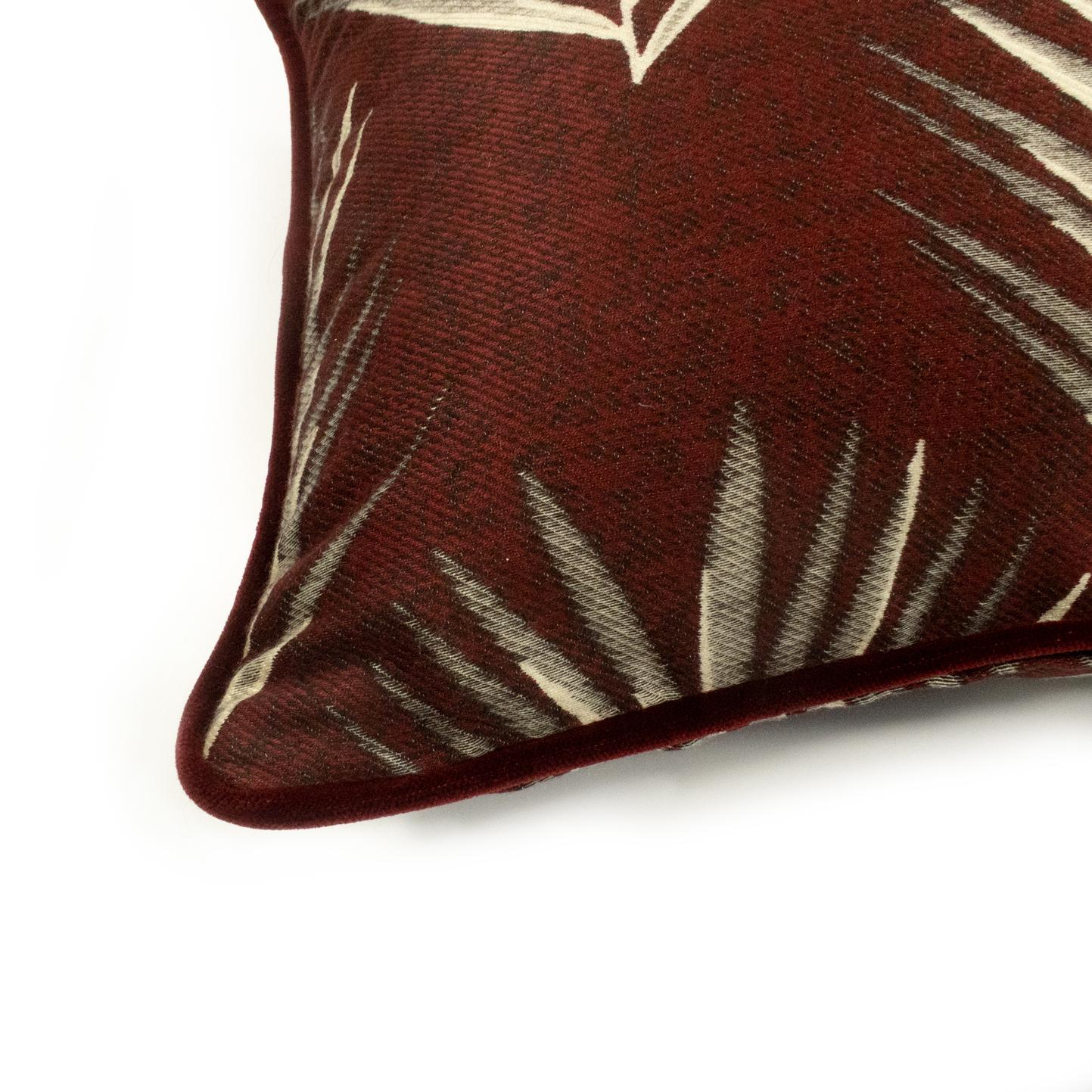 Belgian Cushion / Pillow Patterned Bamboo Reverse Leaf Red by Evolution21 For Sale