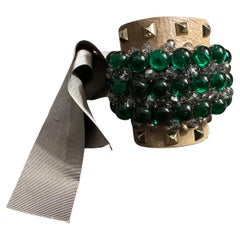 Gold-Tone Leather Bracelet with Emerald Crystals from Italy