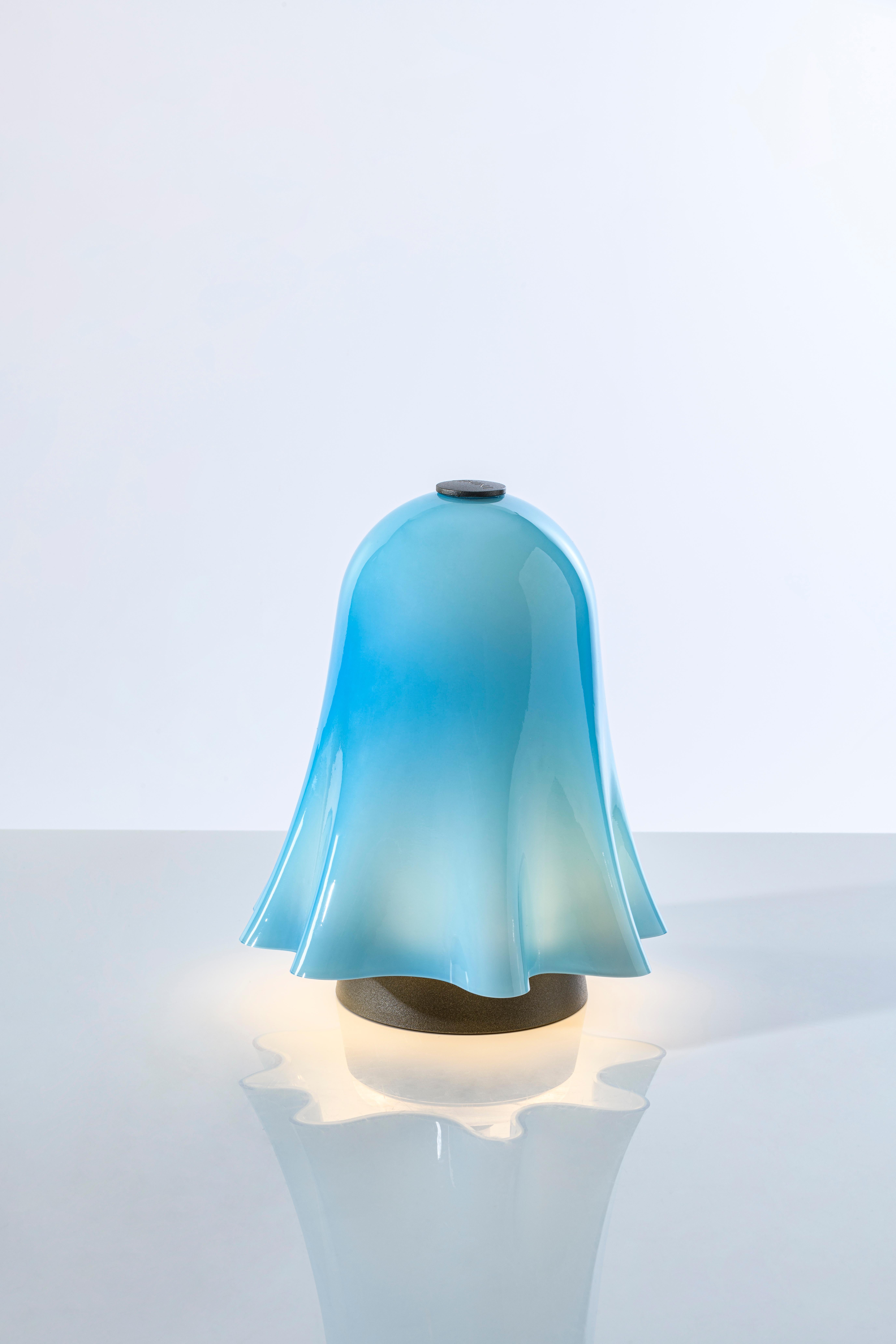 Hand-Crafted 21st Century Fantasmino Rechargeable, Dimmerable, Touch Table Lamp Aquamarine For Sale
