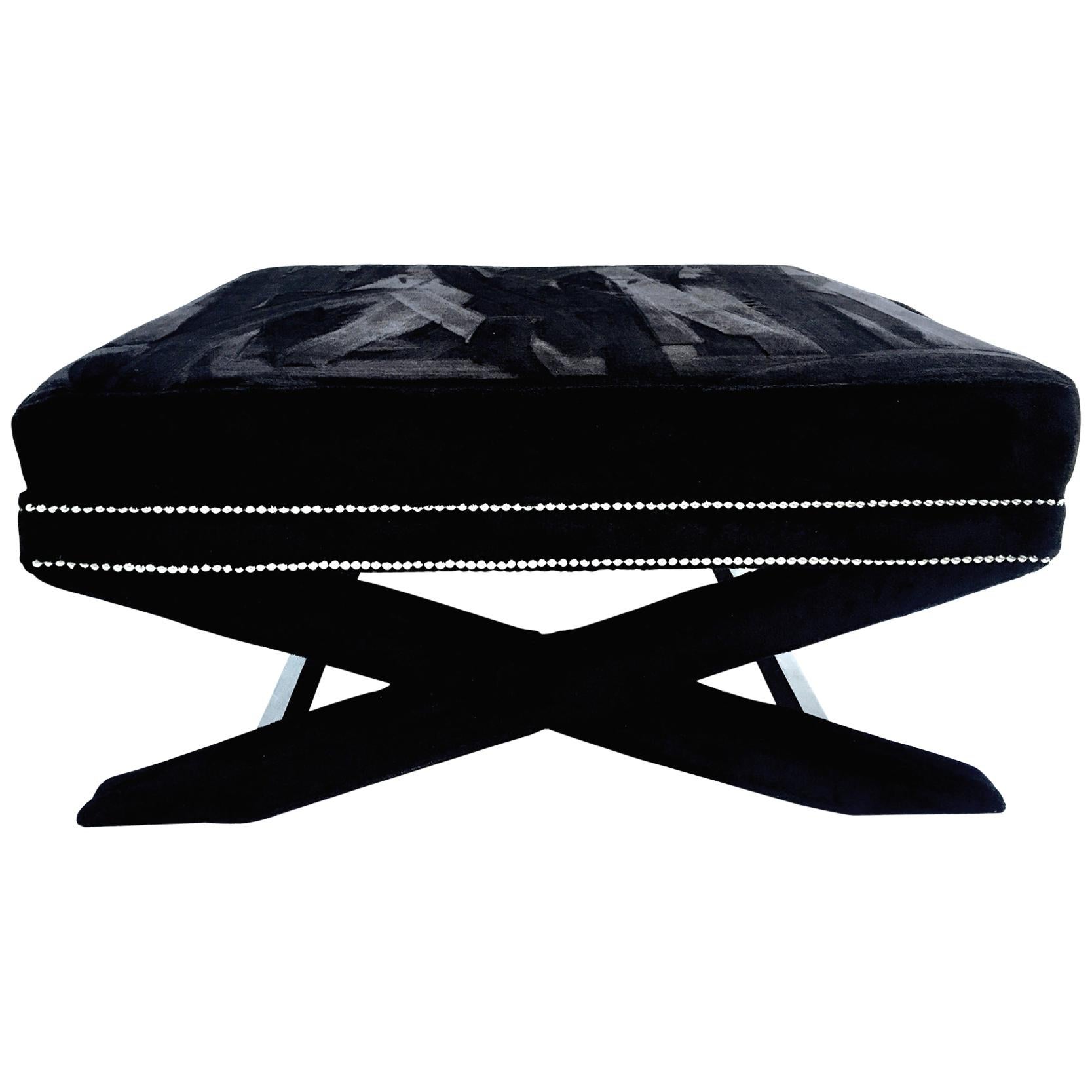 21st Century Faux Mink Fur and Chrome Stud X-Base Ottoman Coffee Table For Sale
