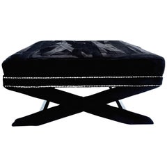 21st Century Faux Mink Fur and Chrome Stud X-Base Ottoman Coffee Table