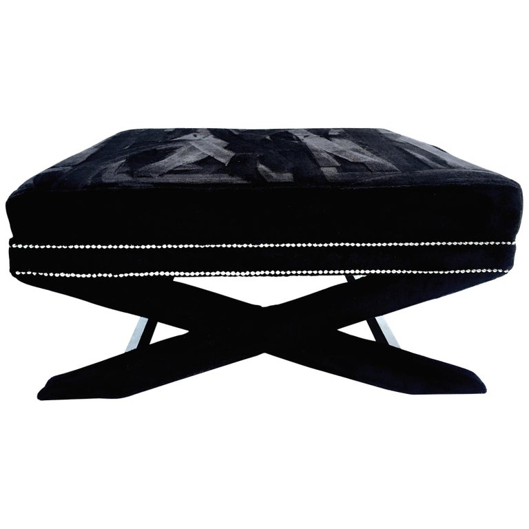 21st Century Faux Mink Fur and Chrome Stud XBase Ottoman Coffee Table