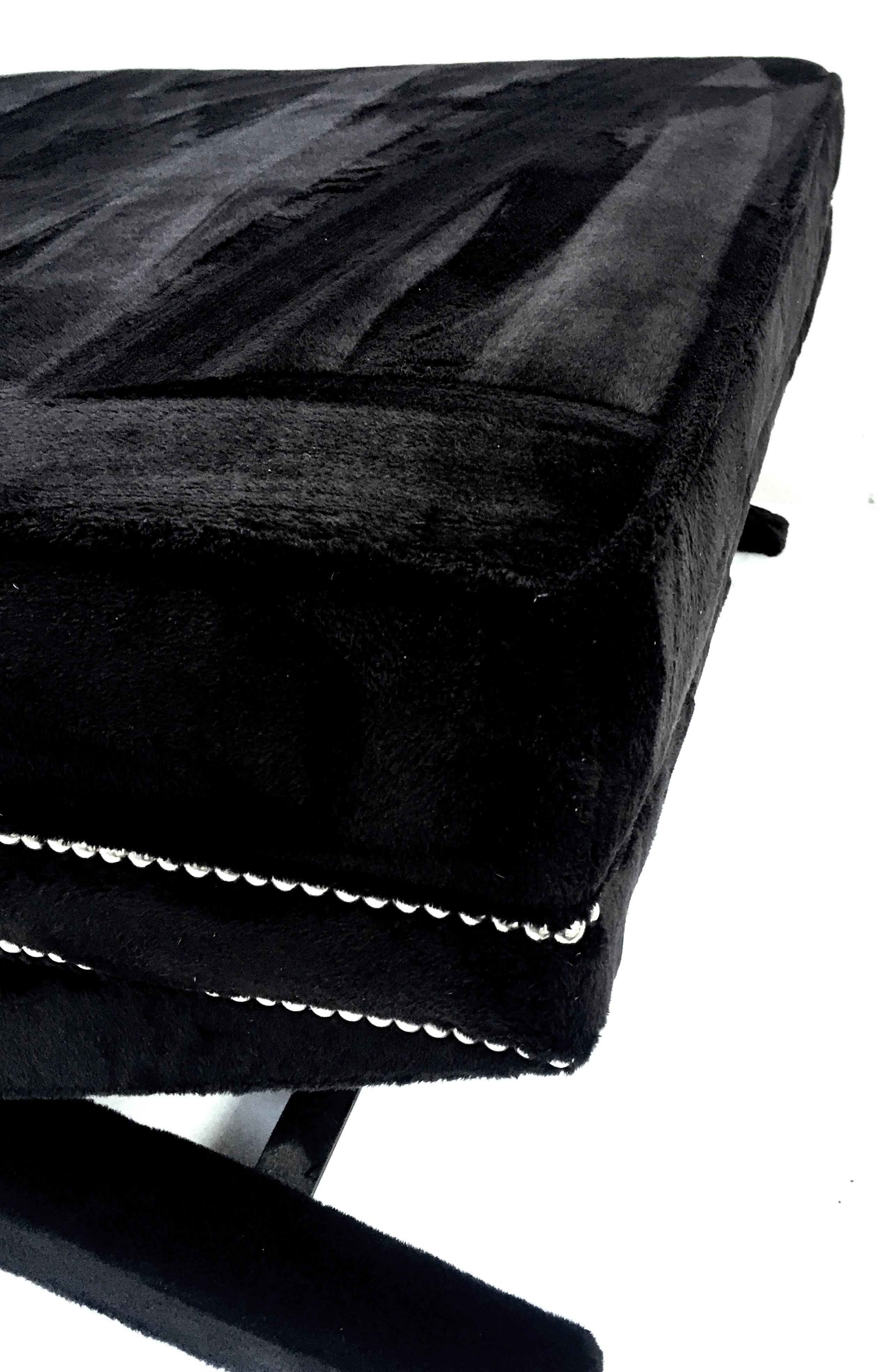 21st Century Faux Mink Fur and Chrome Stud X-Base Ottoman Coffee Table For Sale 4
