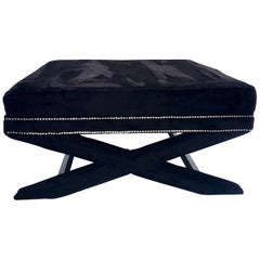 21st Century Faux Mink Fur and Chrome Stud X-Base Ottoman Coffee Table