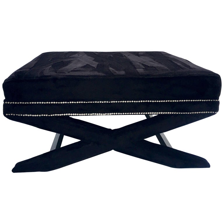 21st Century Faux Mink Fur and Chrome Stud XBase Ottoman Coffee Table