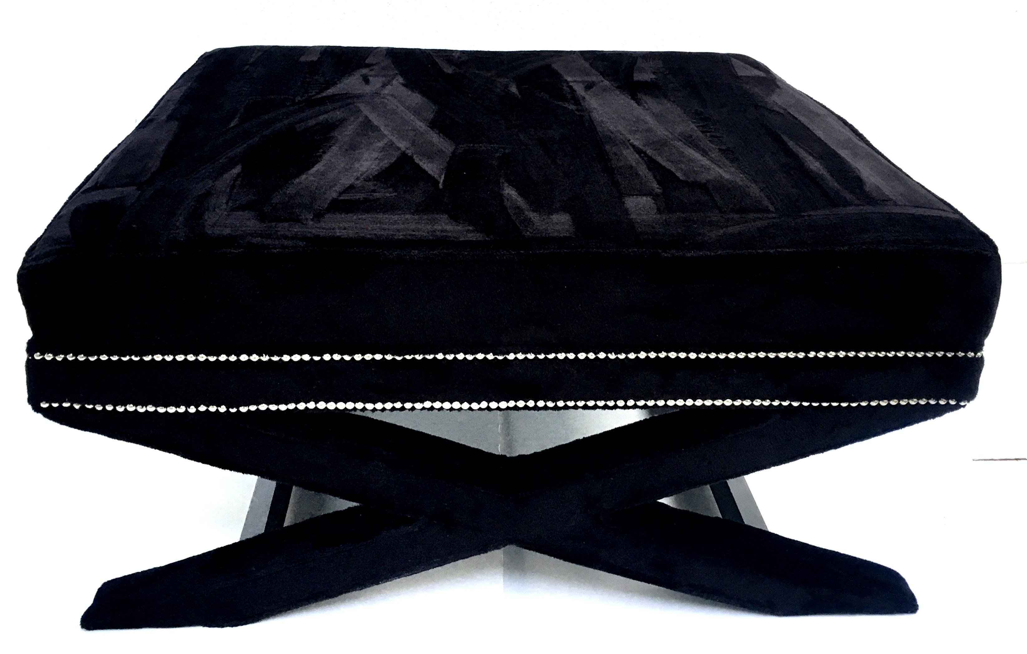 American 21st Century Faux Mink Fur and Chrome Stud X-Base Ottoman Coffee Table For Sale