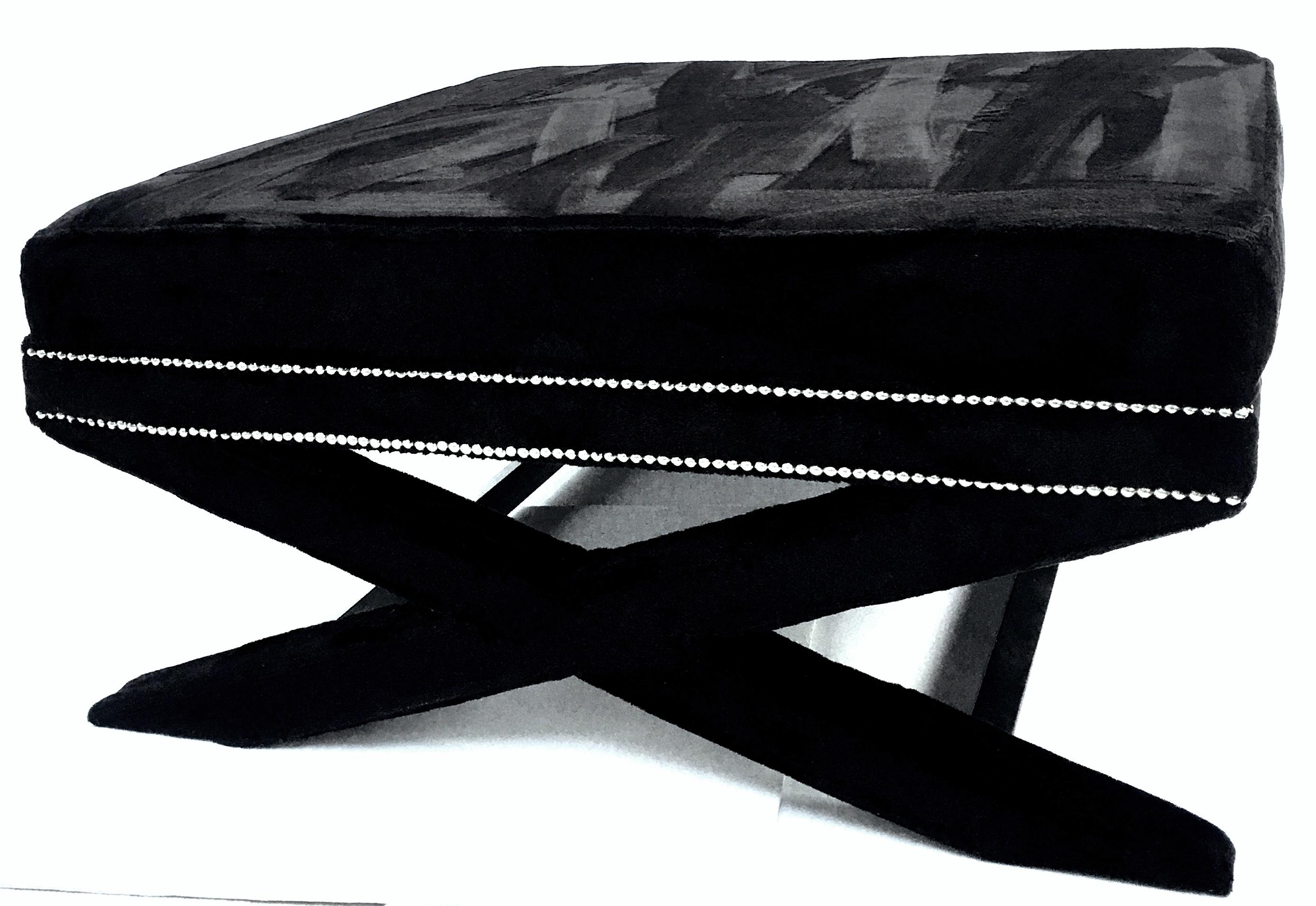Contemporary 21st Century Faux Mink Fur and Chrome Stud X-Base Ottoman Coffee Table For Sale