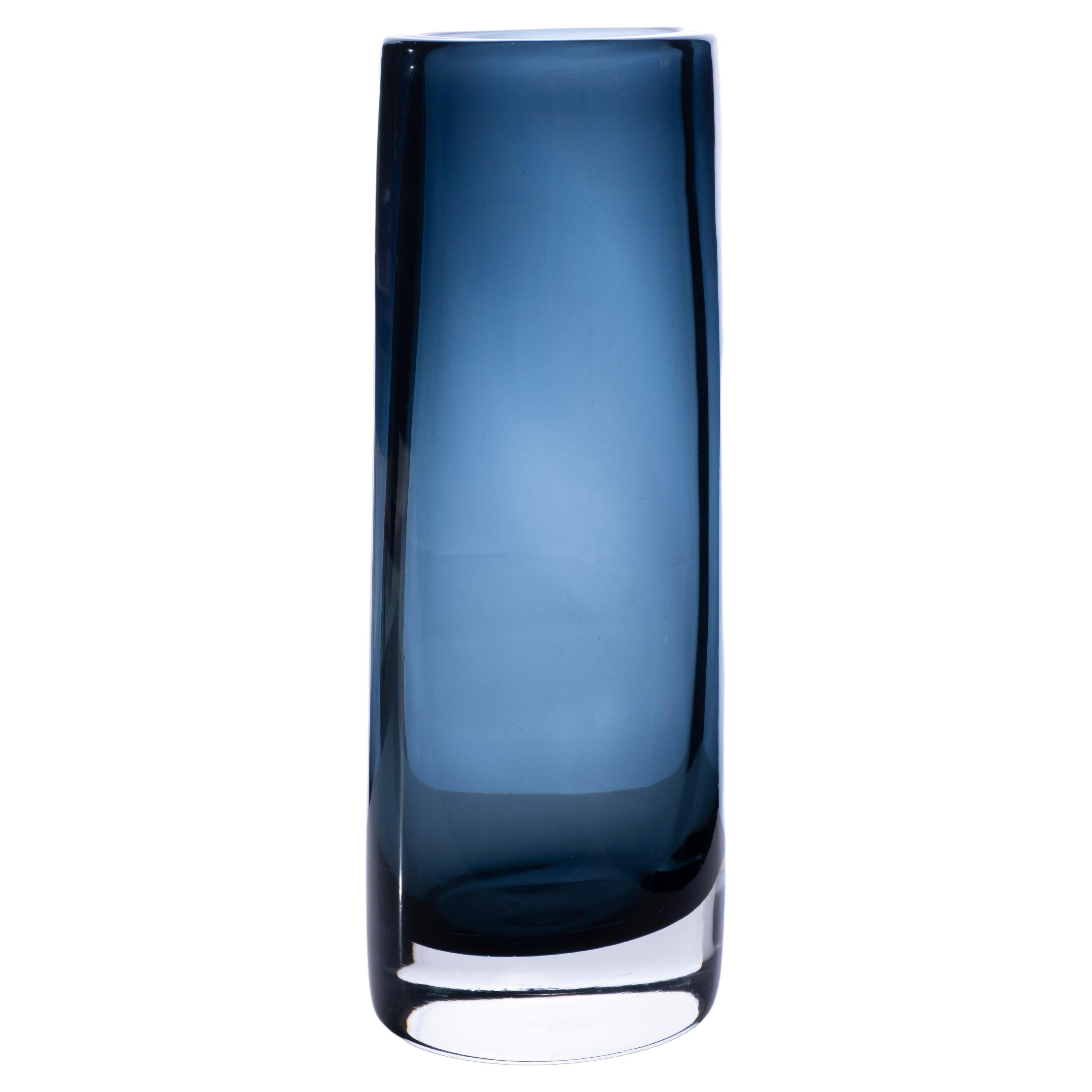 21° secolo Federico Peri Cilindro Grande Vaso Lucido in Vetro di Murano Blu Profondo