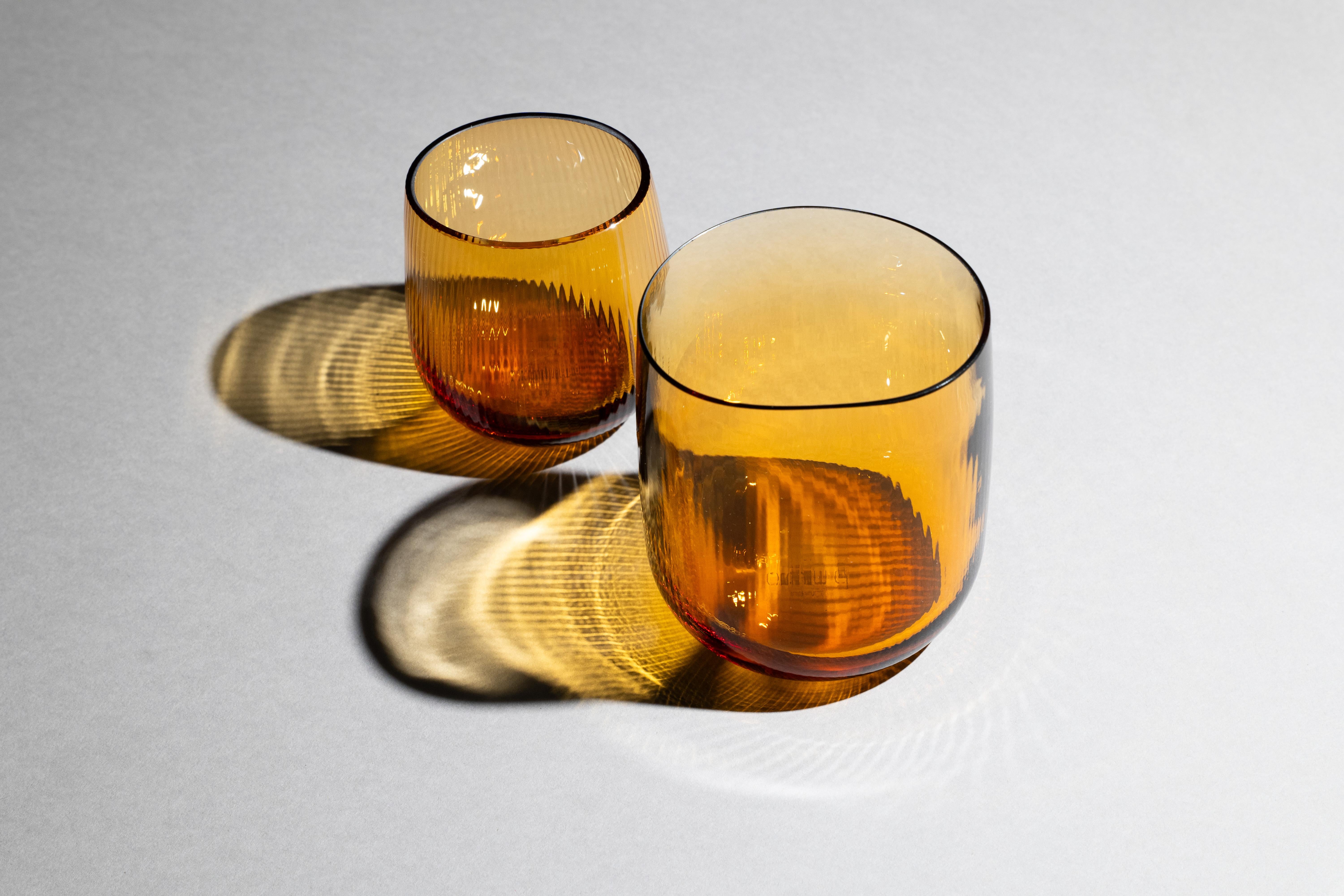 siglo 21 Federico Peri Stilla Liquida Ambar Amarillo Grande 2-Tumblers Murano Hecho a mano en venta