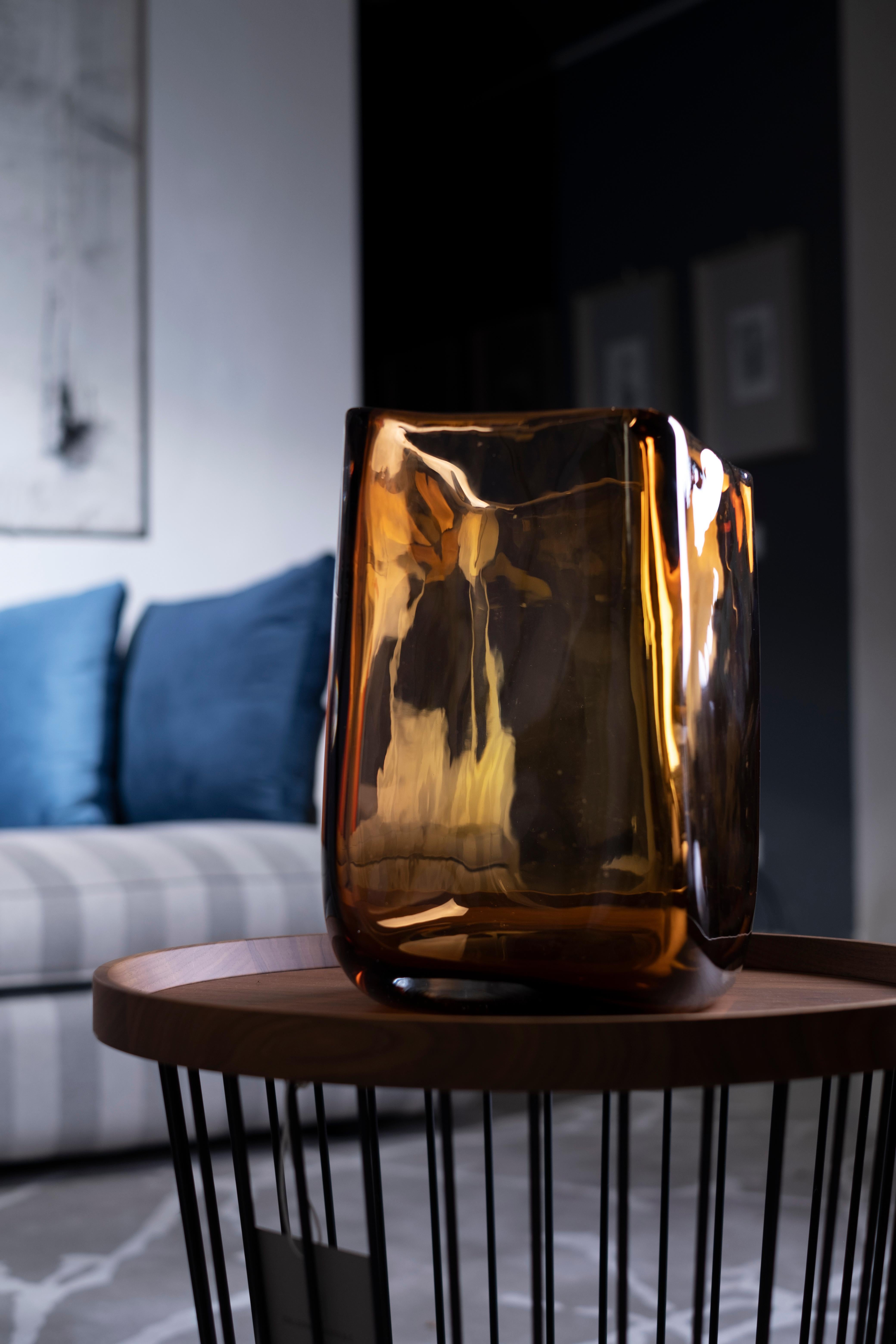 Italian 21st Century Federico Peri Trapezio Small Vase Murano Glass Honey For Sale