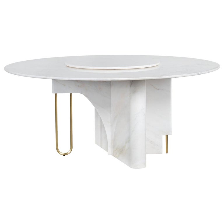 Ferreirinha 8-Seat Round Dining Table Lazy Susan Calacatta Marble Brushed Brass For Sale