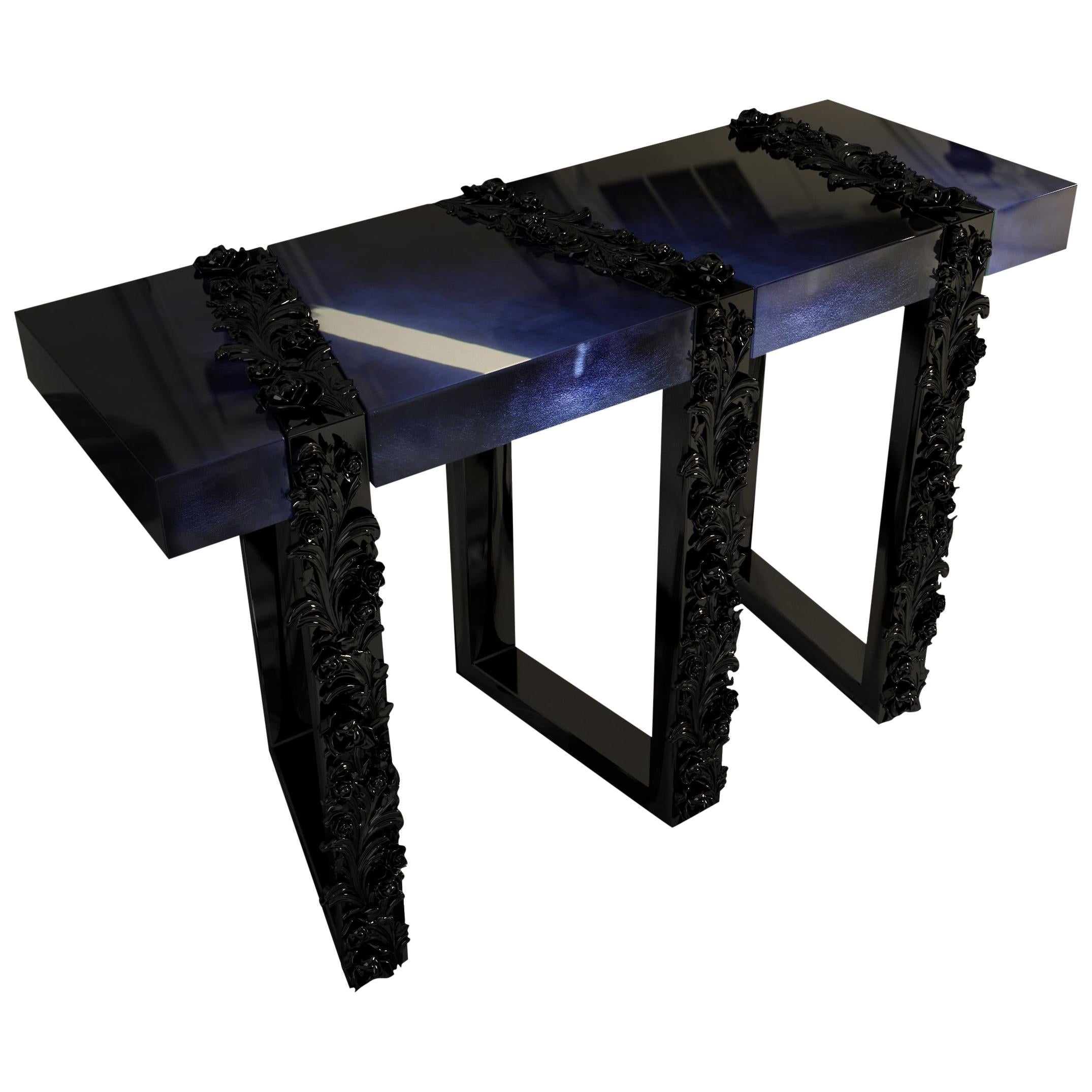 21st Century Figen Console Crystalline Lacquered Wood Floral Elements