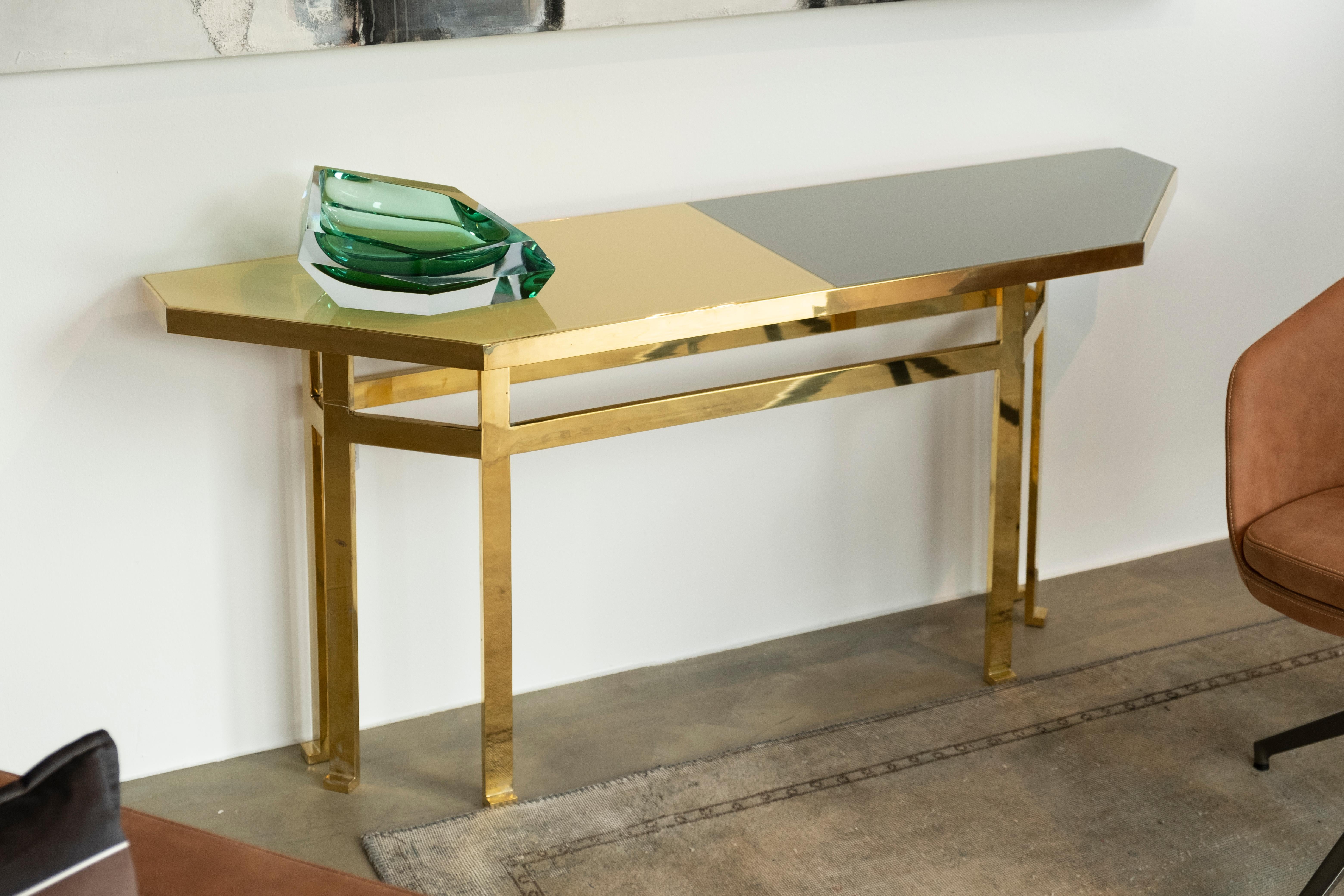 Contemporary 21st Century Filippo Feroldi Brass Console Table Glass Top Various Colors For Sale