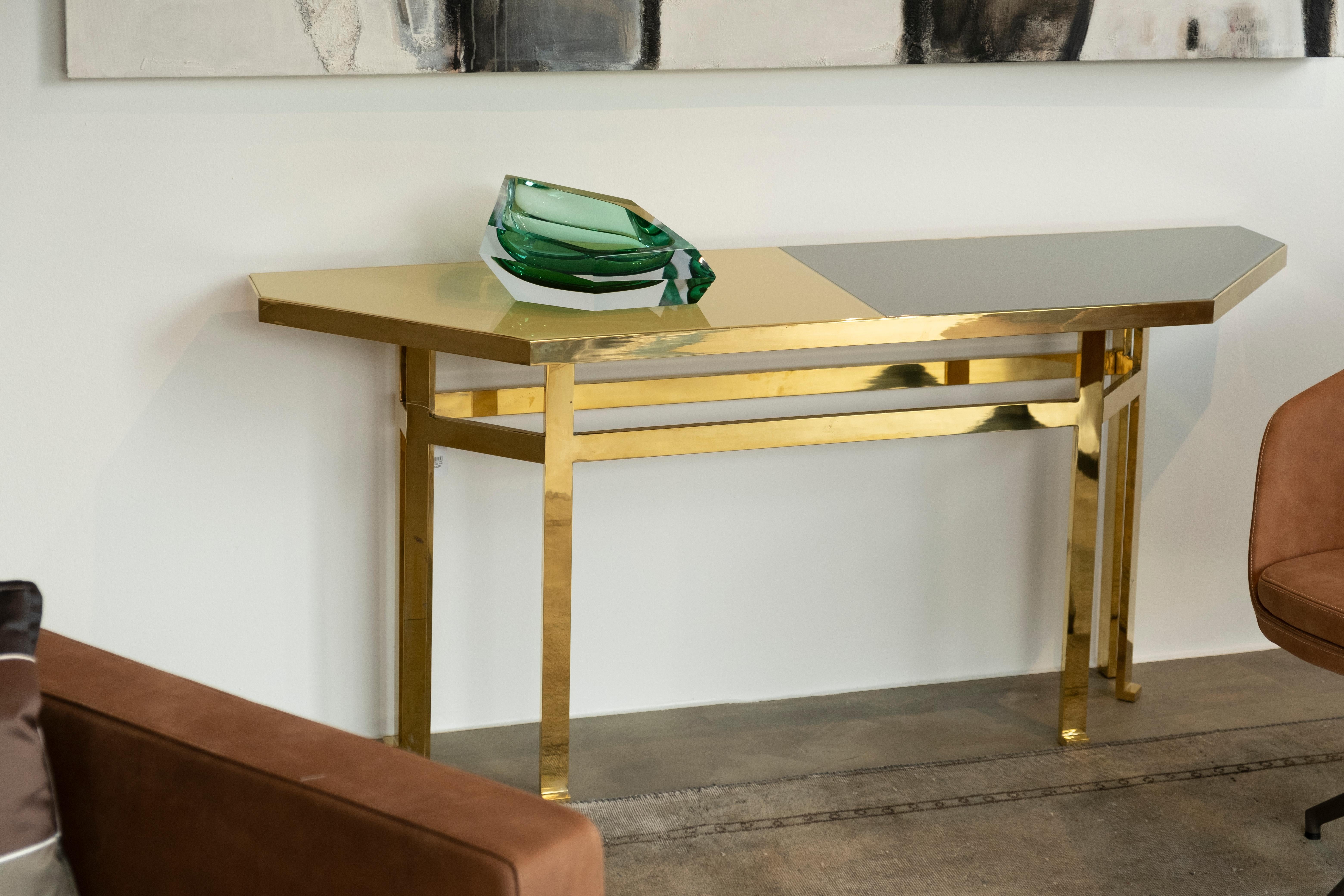 21st Century Filippo Feroldi Brass Console Table Glass Top Various Colors For Sale 1