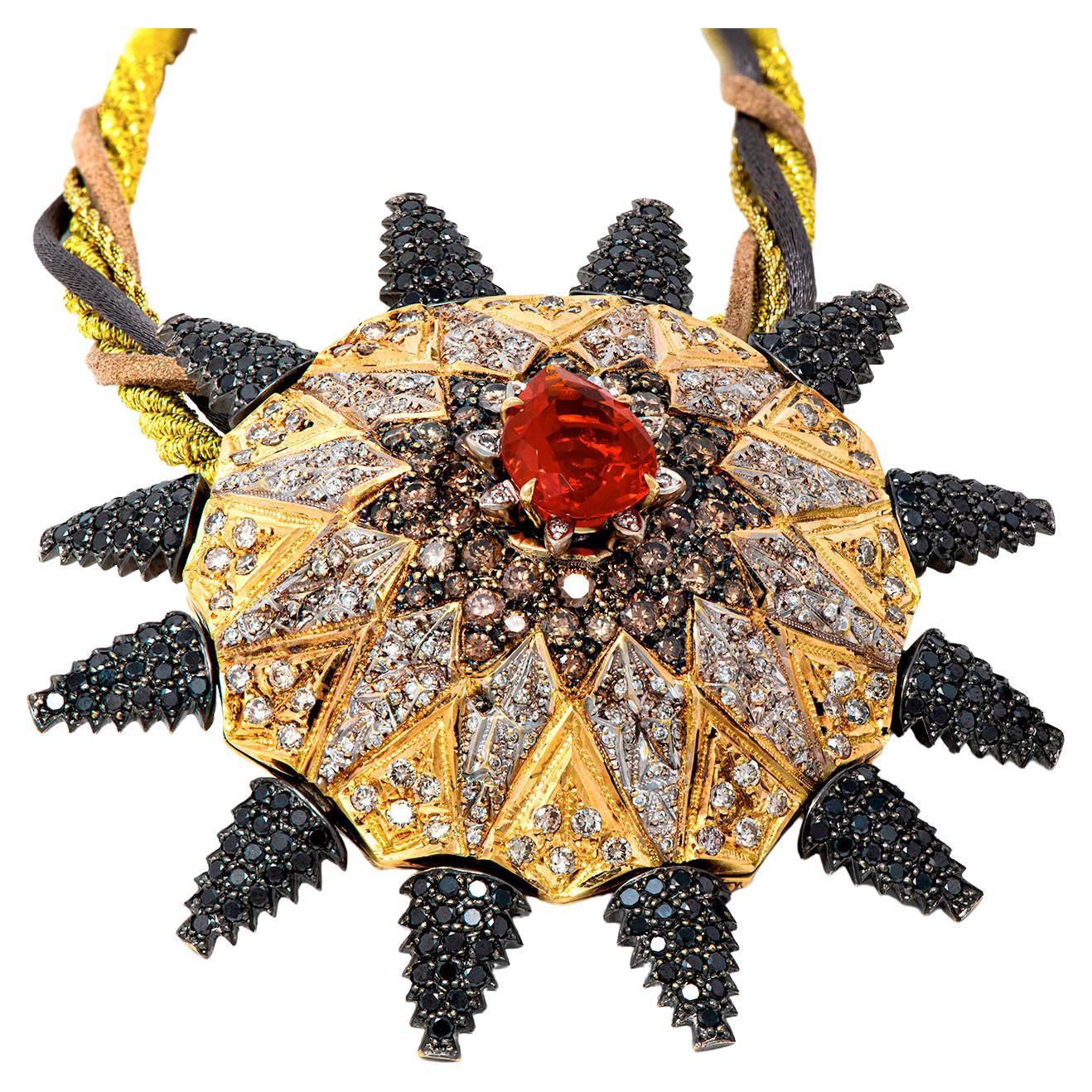 4,95 Karat Feuer Opal 5,25 Karat Diamanten in verschiedenen Farben Stern, Ruthenium 18 Karat Gold Halskette Anhänger

4,95 Karat Opalfeuer 14,9 x 11,5 mm, 1,8 Karat braune Diamanten von 6 mm, 1,8 Karat Champagner-Diamanten von 3,75 mm, 0,4 Karat