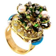 21st Century Fishes Diamonds Pearls Seaweed 18 Karat Yellow Gold Cocktail Ring