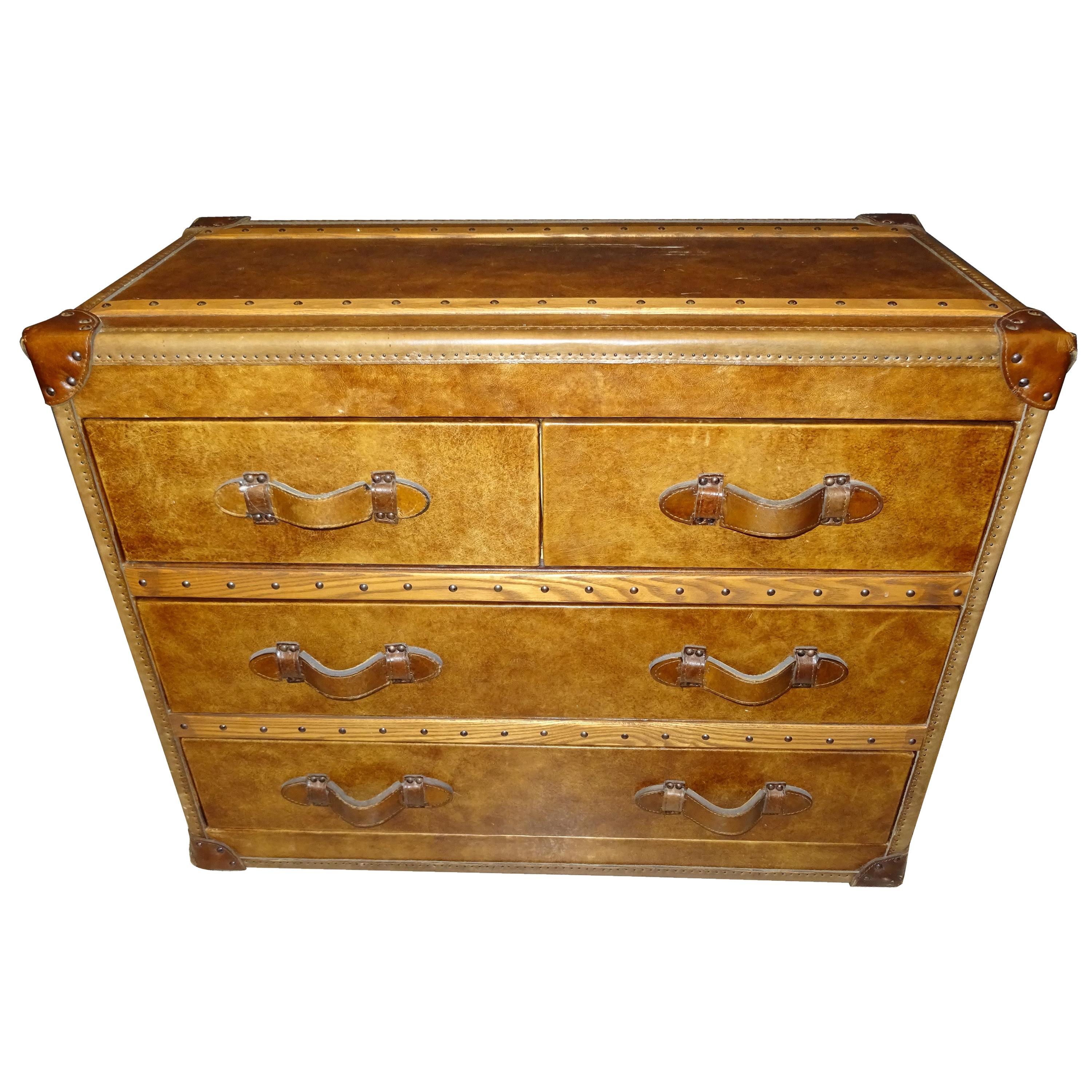 21st Century Flamant French Brown Leather and Wood Trunk Chest of Drawers