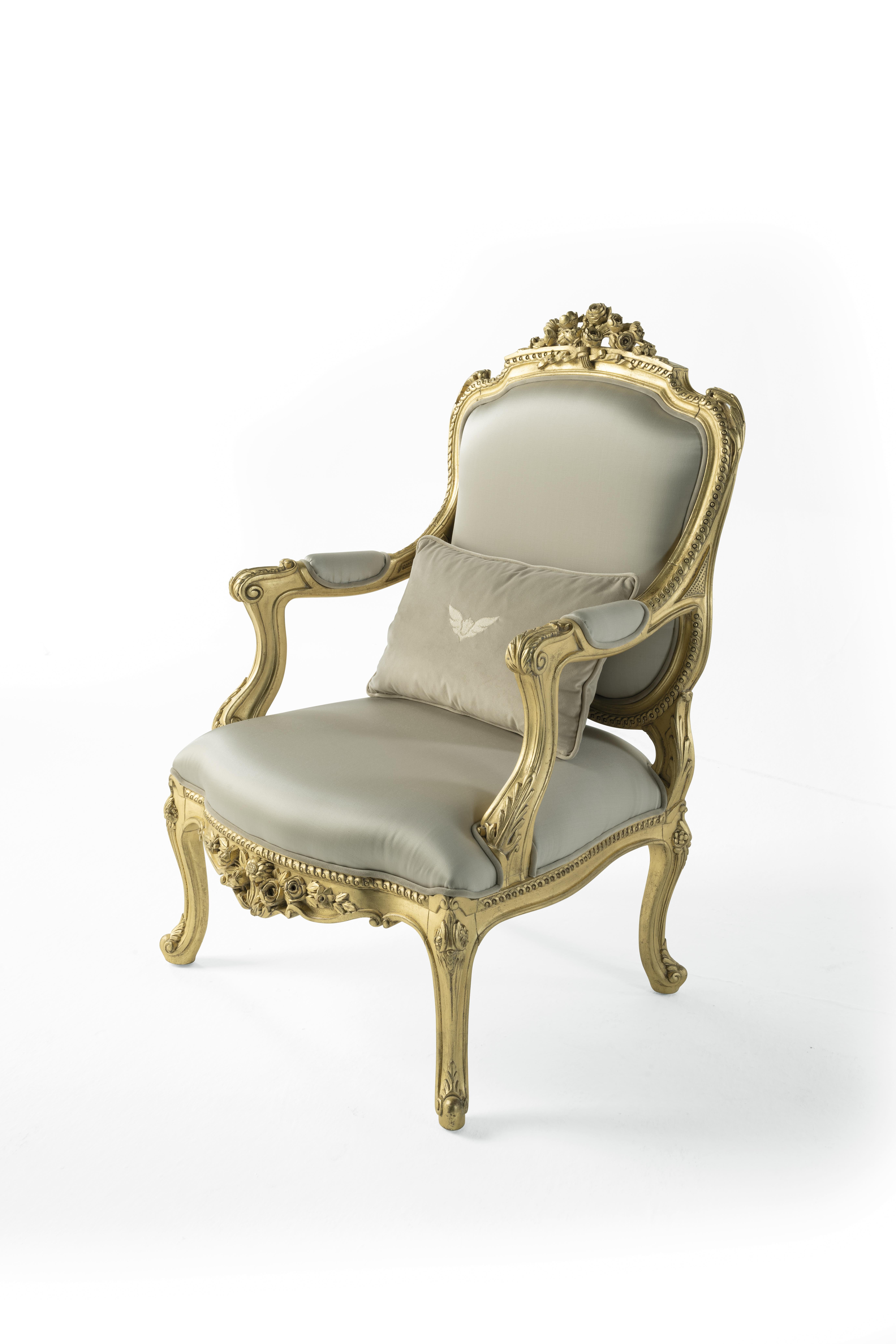 Louis XVI 21st Century Fleury Armchair in Fabric with Gold Leaf Finishing For Sale