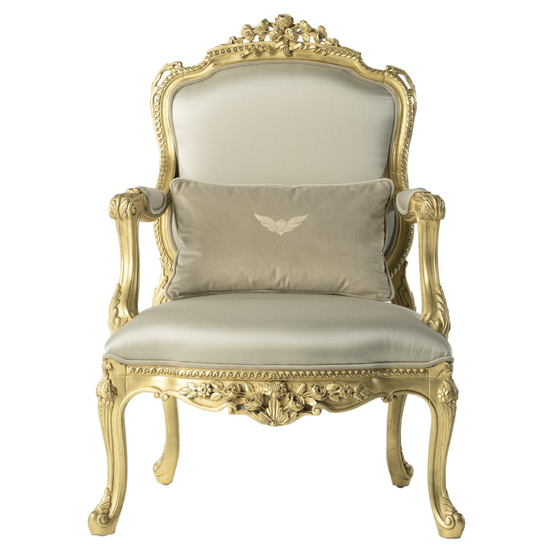 21st Century Fleury Armchair in Fabric with Gold Leaf Finishing For Sale