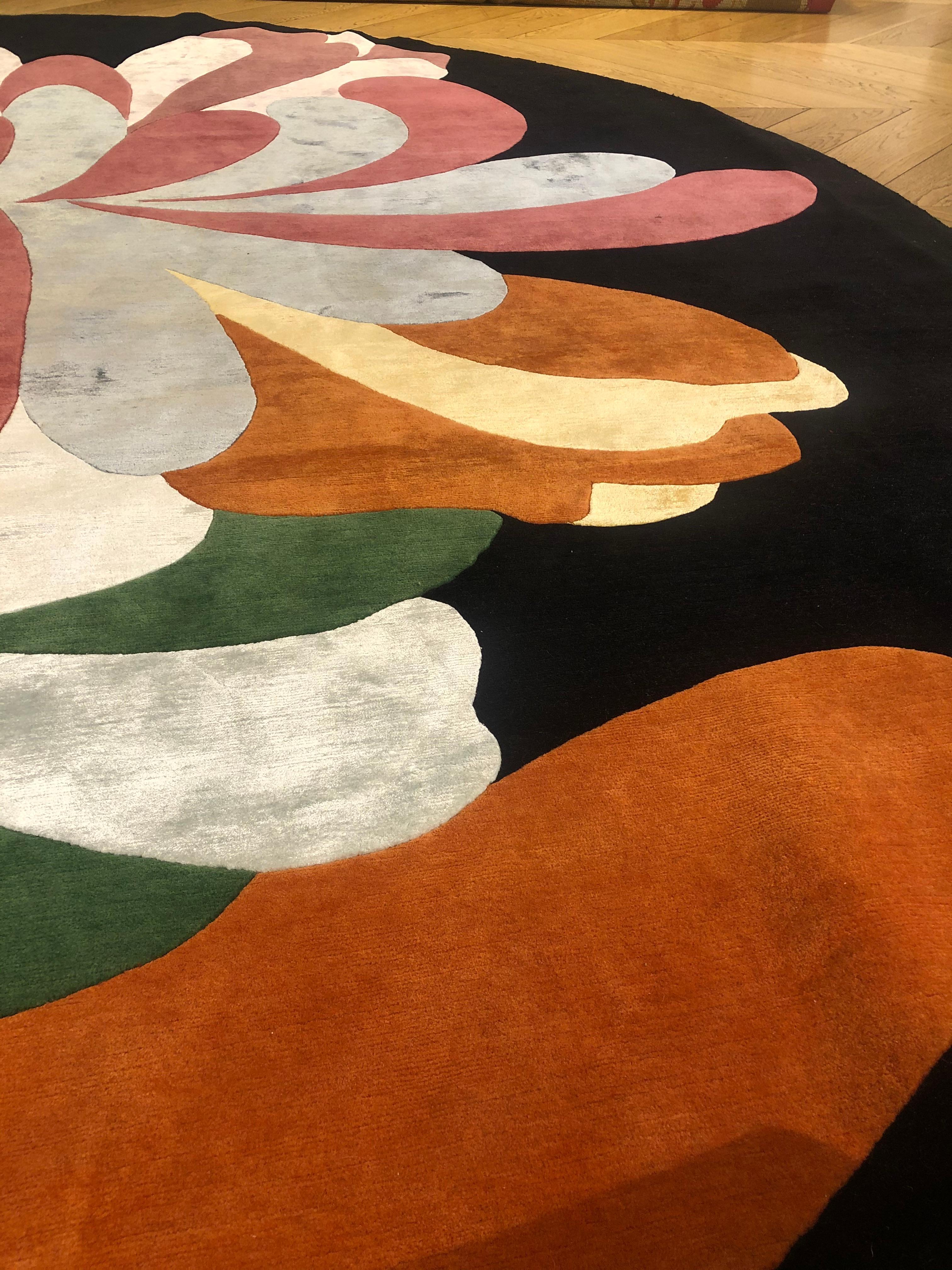 21st Century Floreal Black Red Orange Pink Yellow by Angela DeNozza Circular Rug For Sale 4