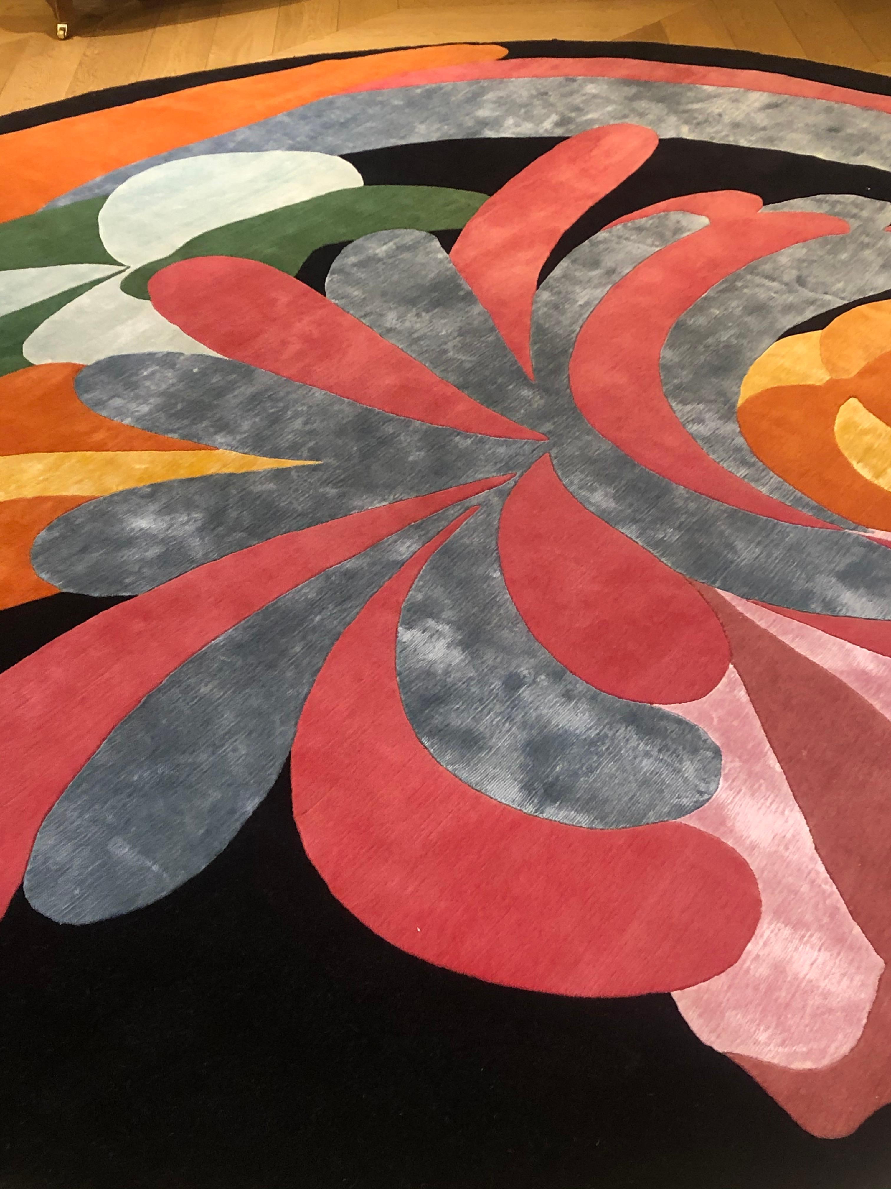 Indian 21st Century Floreal Black Red Orange Pink Yellow by Angela DeNozza Circular Rug For Sale