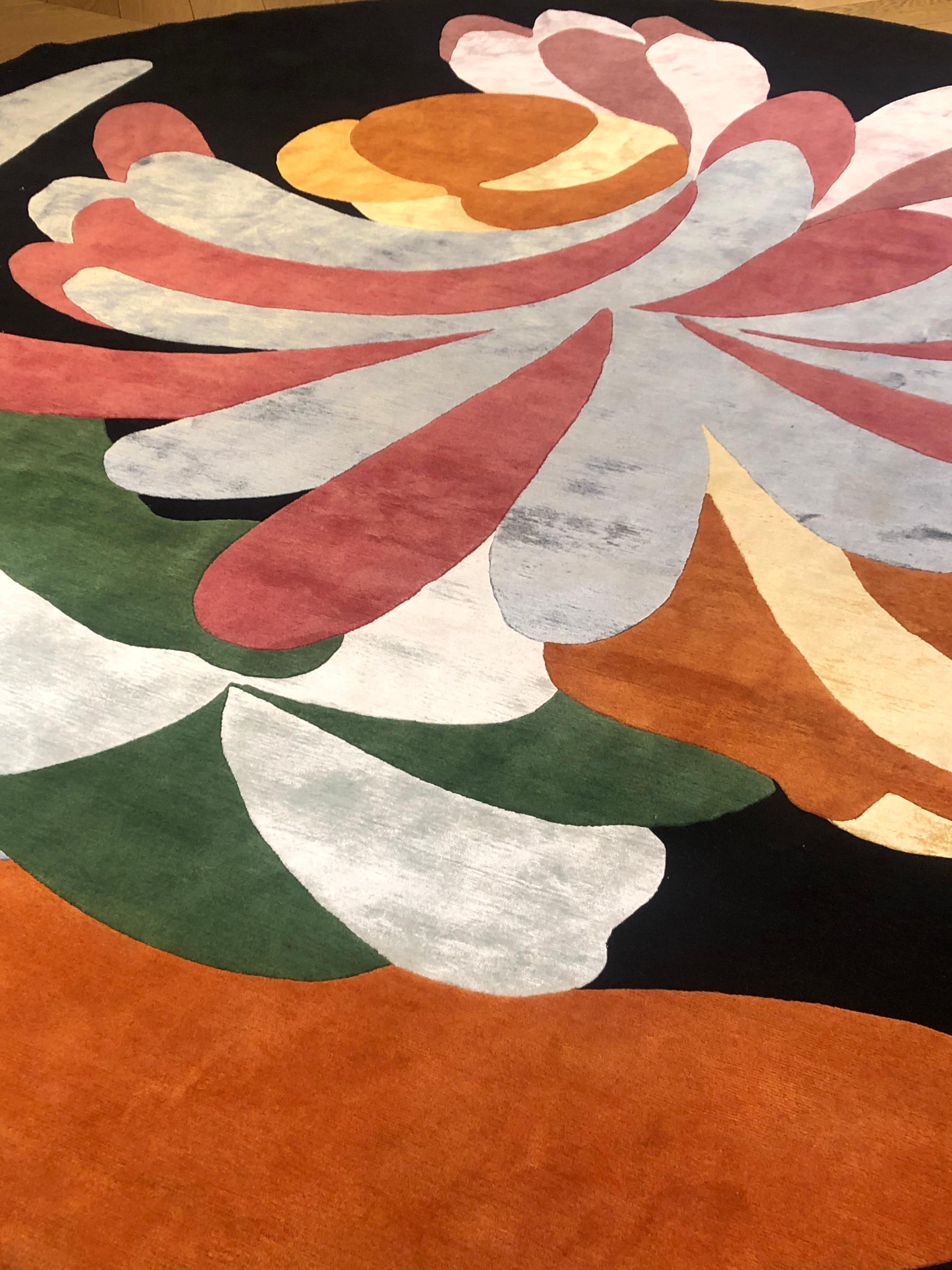 Hand-Knotted 21st Century Floreal Black Red Orange Pink Yellow by Angela DeNozza Circular Rug For Sale
