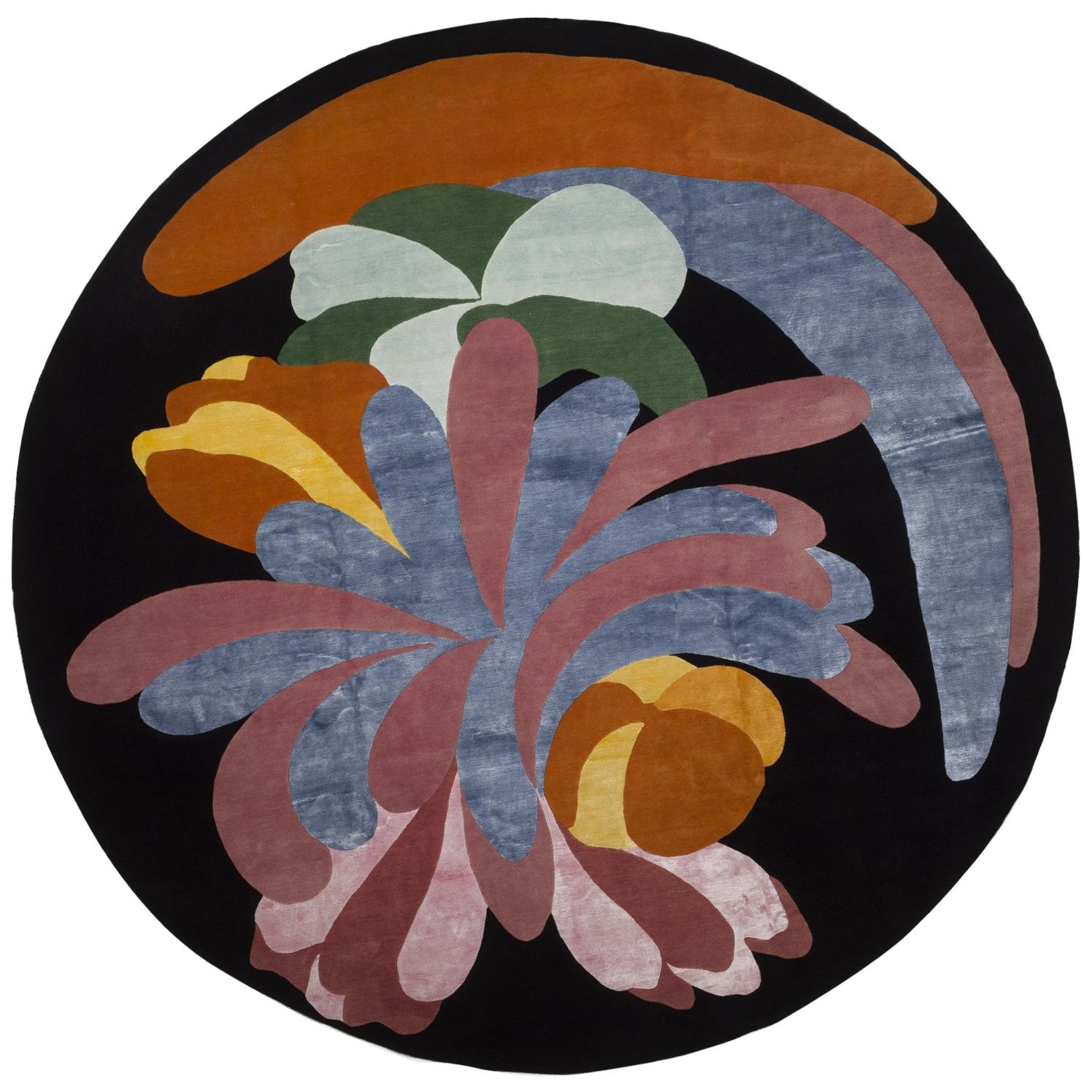 21st Century Floreal Black Red Orange Pink Yellow by Angela DeNozza Circular Rug For Sale