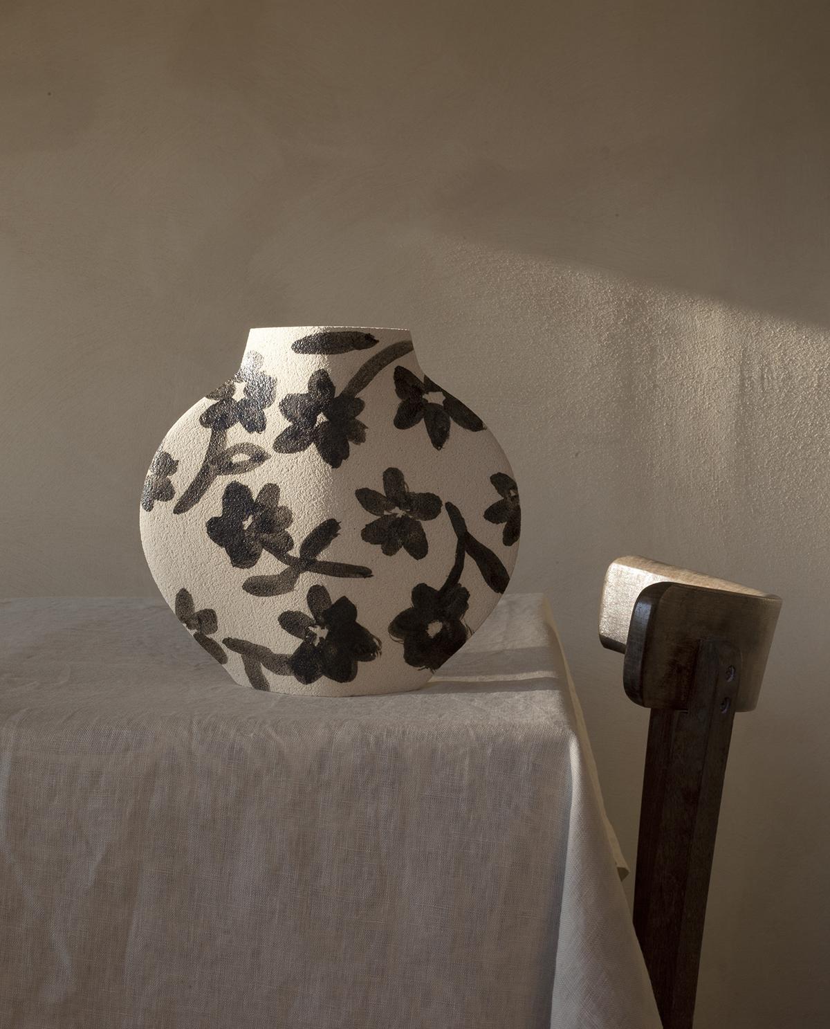 Contemporary 21st Century 'Flowers Pattern' Vase in White Ceramic, Hand-Crafted in France For Sale