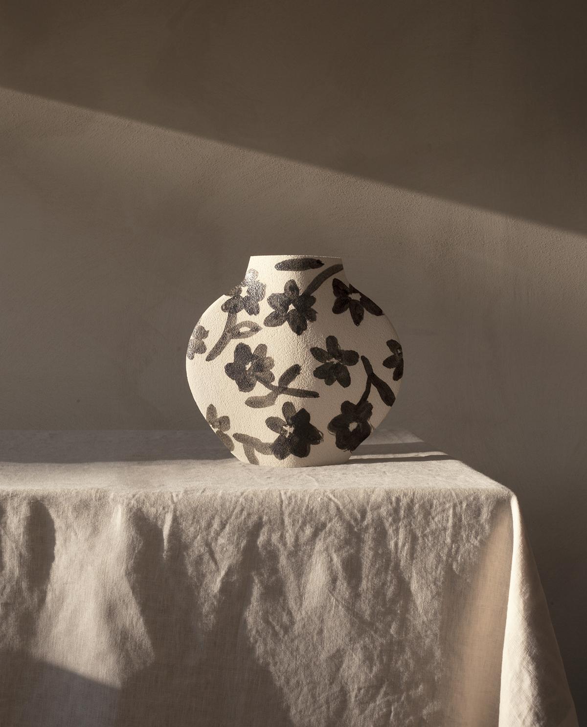 Clay 21st Century 'Flowers Pattern' Vase in White Ceramic, Hand-Crafted in France For Sale