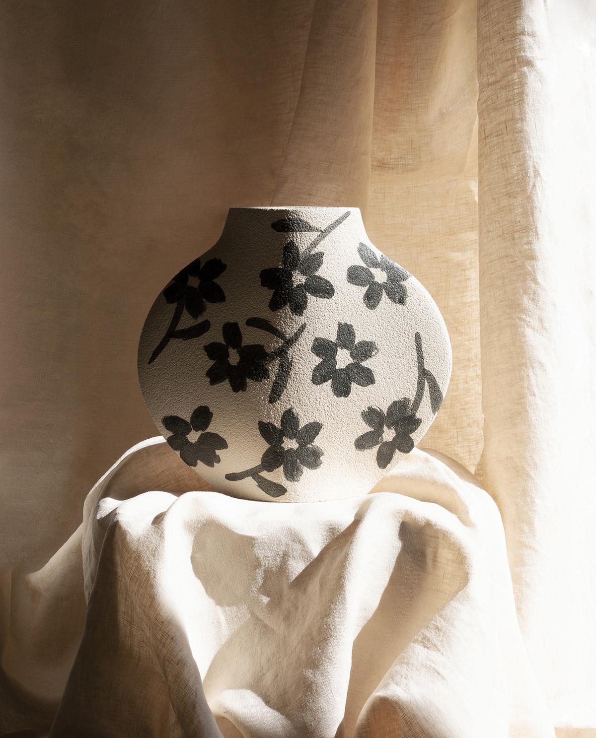 21st Century 'Flowers Pattern' Vase in White Ceramic, Hand-Crafted in France For Sale 2