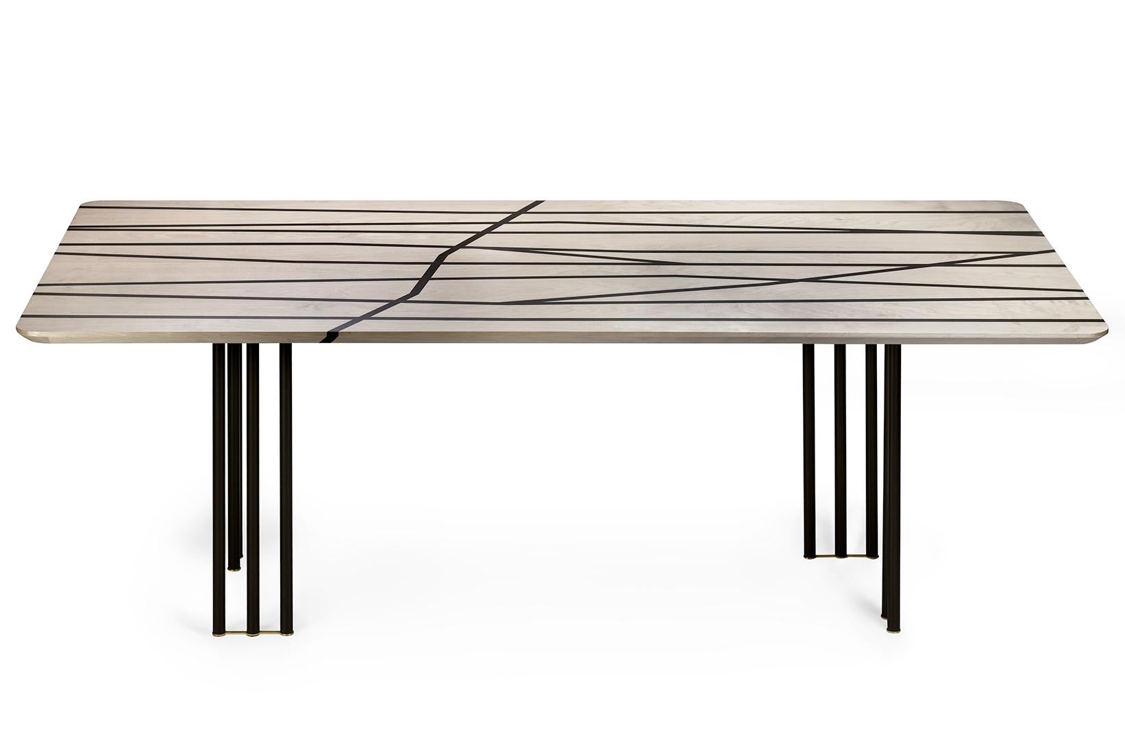 Italian 21st Century Foresta Inlaid Table in Birch, Black Ash, Metal Legs, Made in Italy For Sale