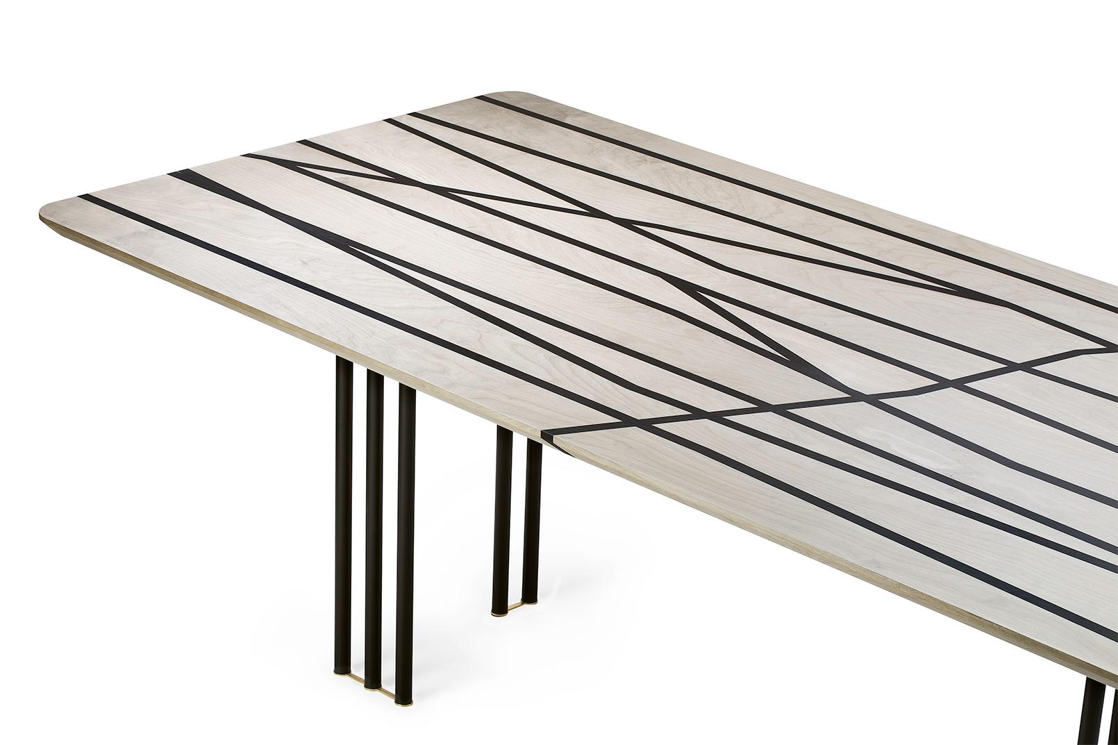 Joinery 21st Century Foresta Inlaid Table in Birch, Black Ash, Metal Legs, Made in Italy For Sale