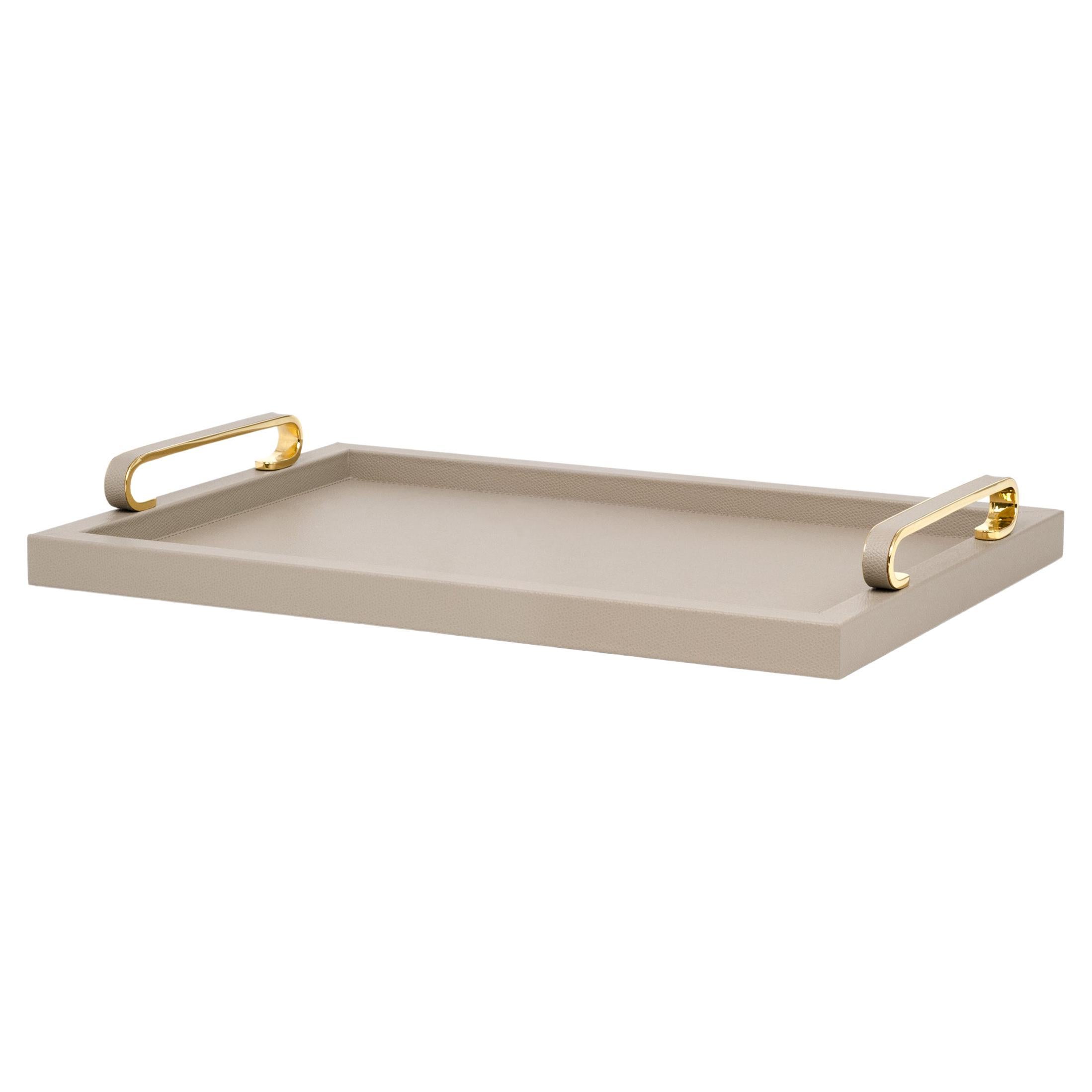 21st Century Foscari Serving Leather Tray with Brass Handles Handmade in Italy For Sale