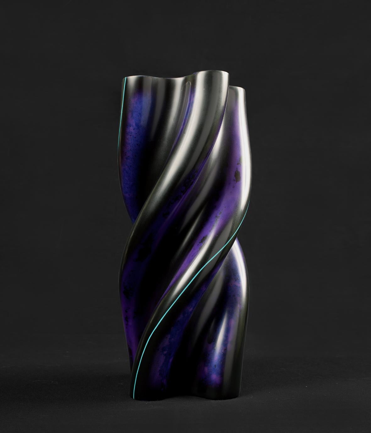 Italian 21st Century, Four Lobe Blue and Purple Lacquered Ceramic Vessel For Sale