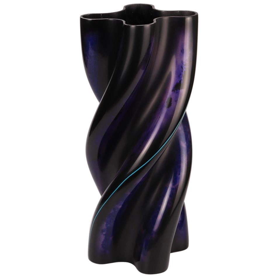 21st Century, Four Lobe Blue and Purple Lacquered Ceramic Vessel For Sale