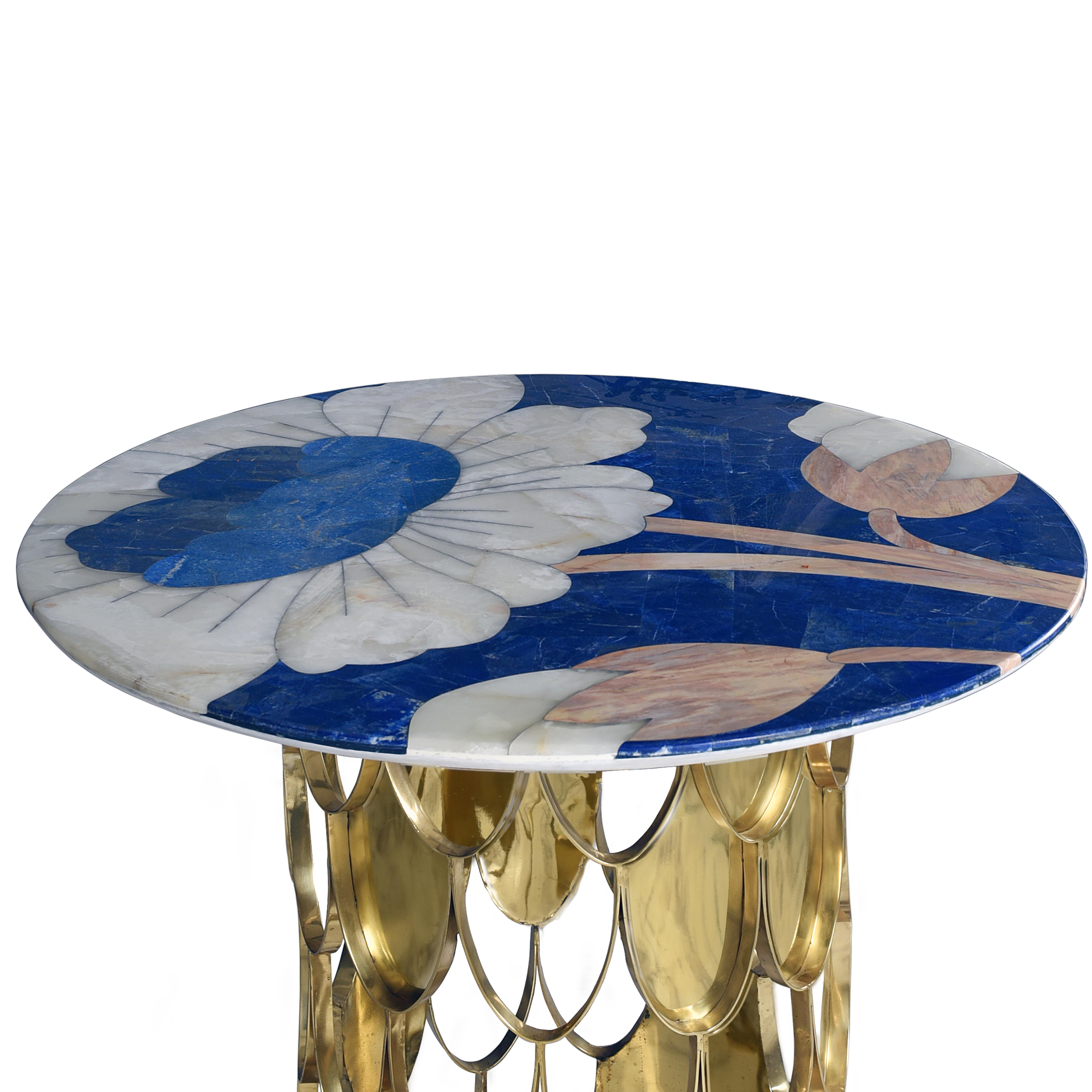 Hand-Crafted 21st Century Side Foyer Table Lapis Marble Onyx Semi Precious Cloisonné Brass For Sale