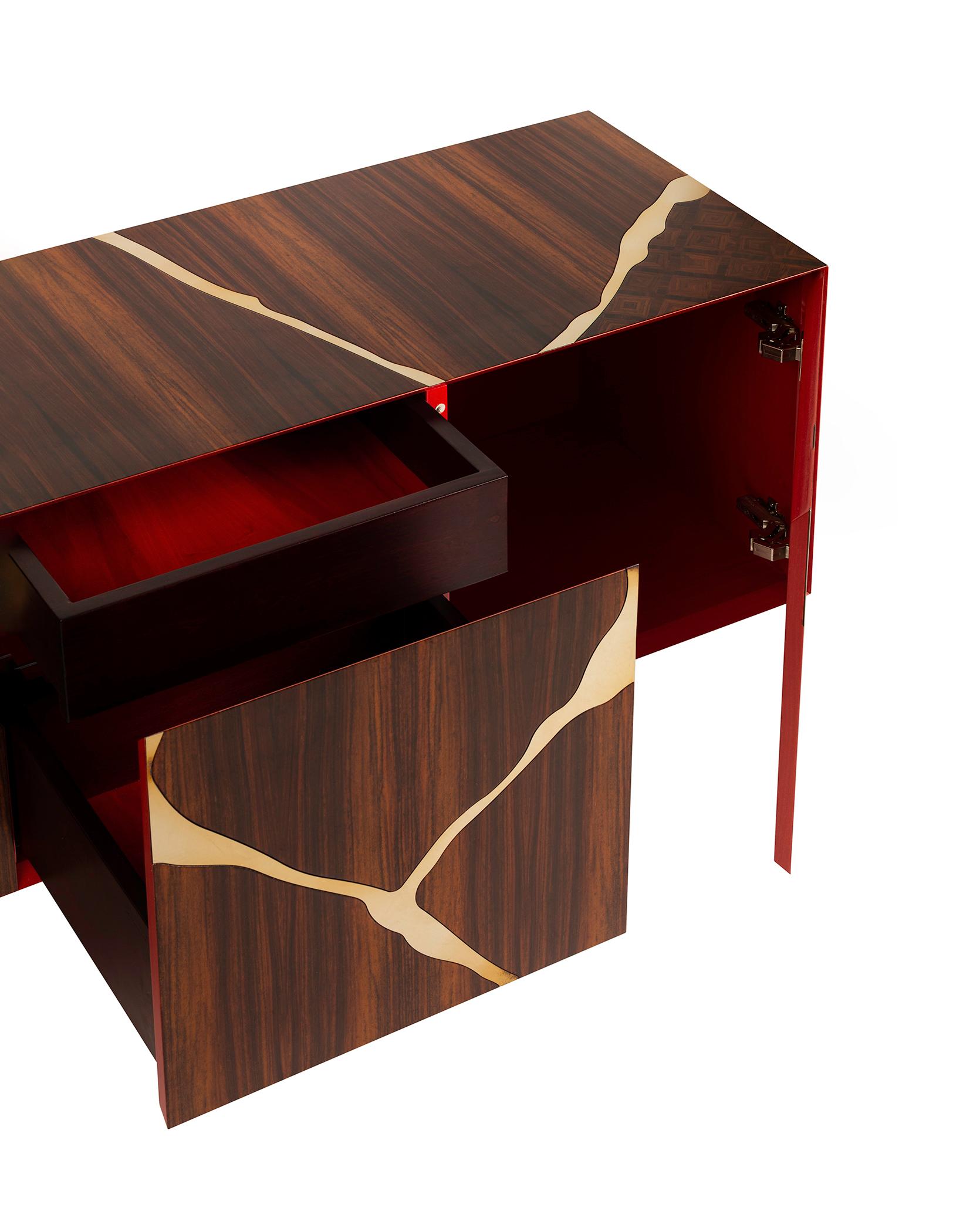 Italian 21st Century Frammenti Inlaid Sideboard in Rosewood, Birch, Steel, Made in Italy For Sale