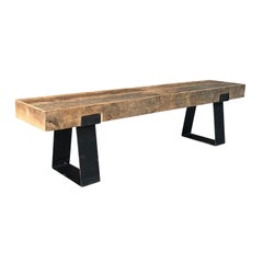 French Brutalist Oakwood Bench, Hand-Crafted, Metal Legs, 21st Century