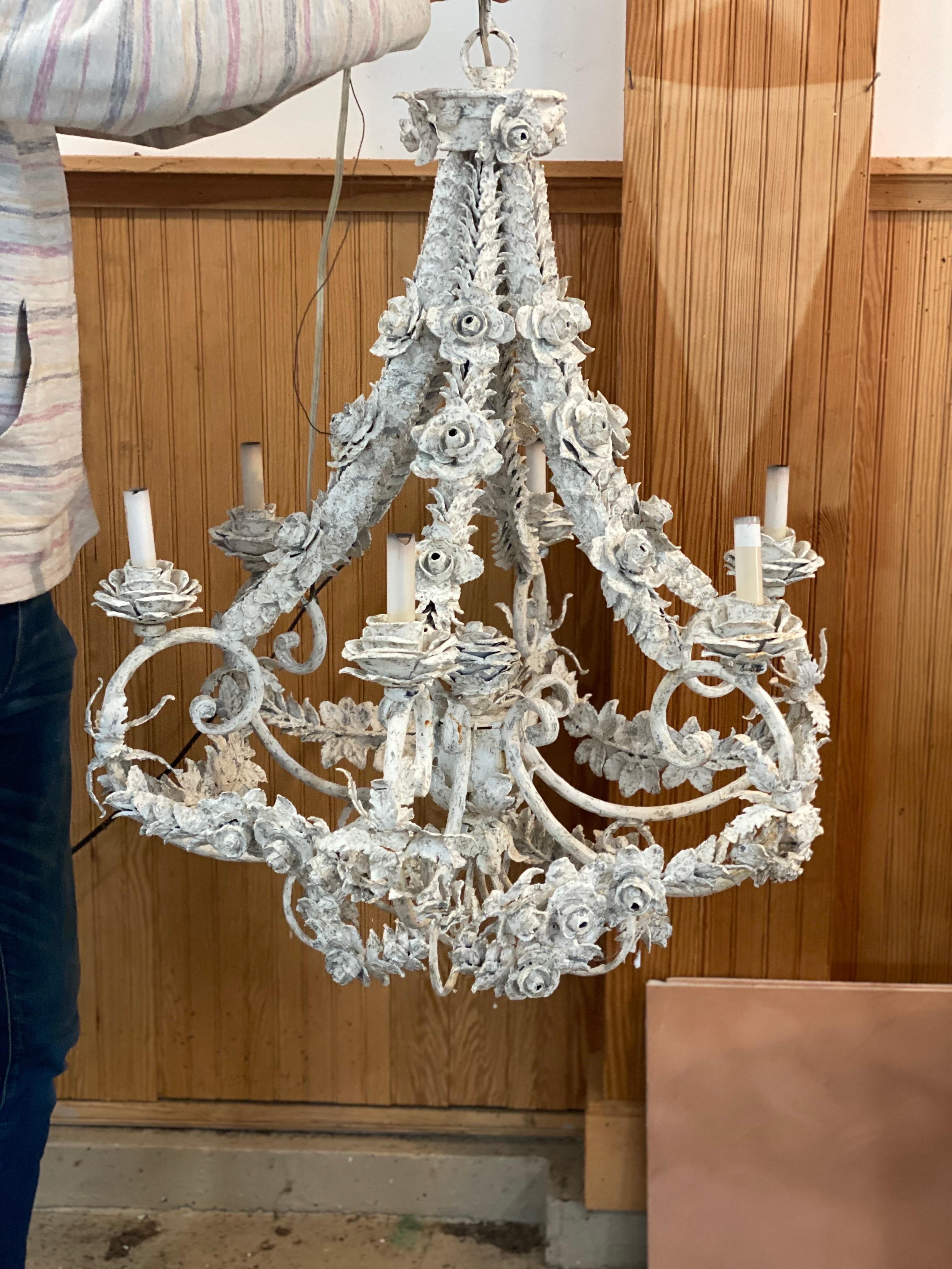 21st Century French Floral Metal Painted Chandelier In Good Condition For Sale In Southampton, NY