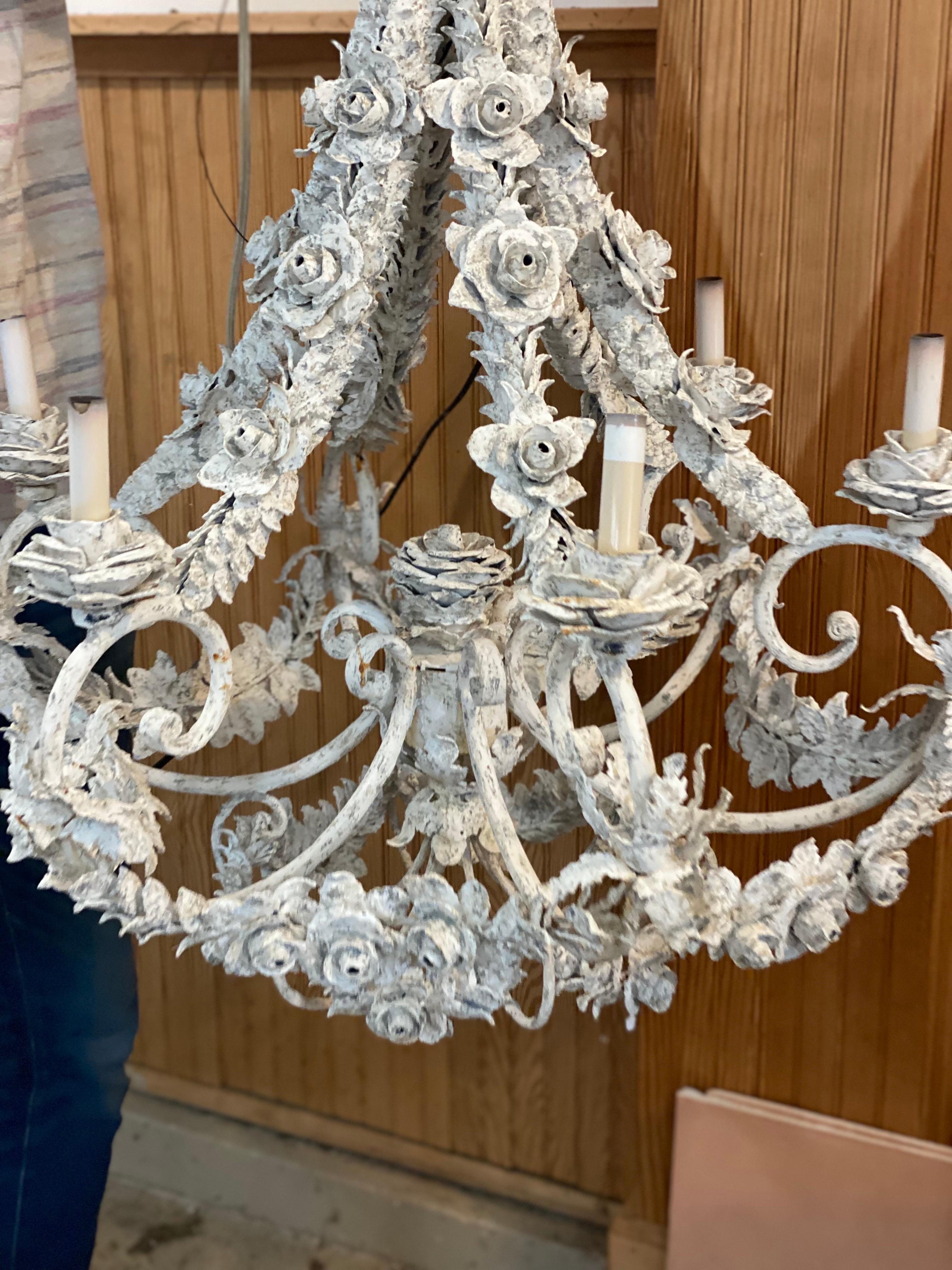 Contemporary 21st Century French Floral Metal Painted Chandelier For Sale