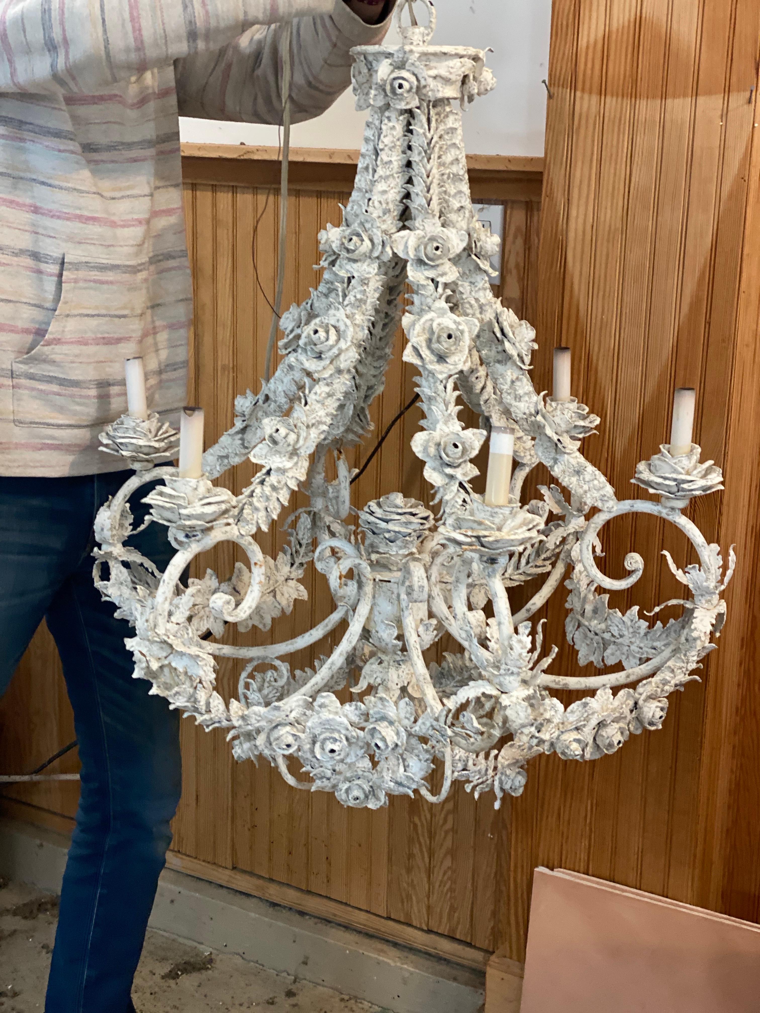 21st Century French Floral Metal Painted Chandelier For Sale 1