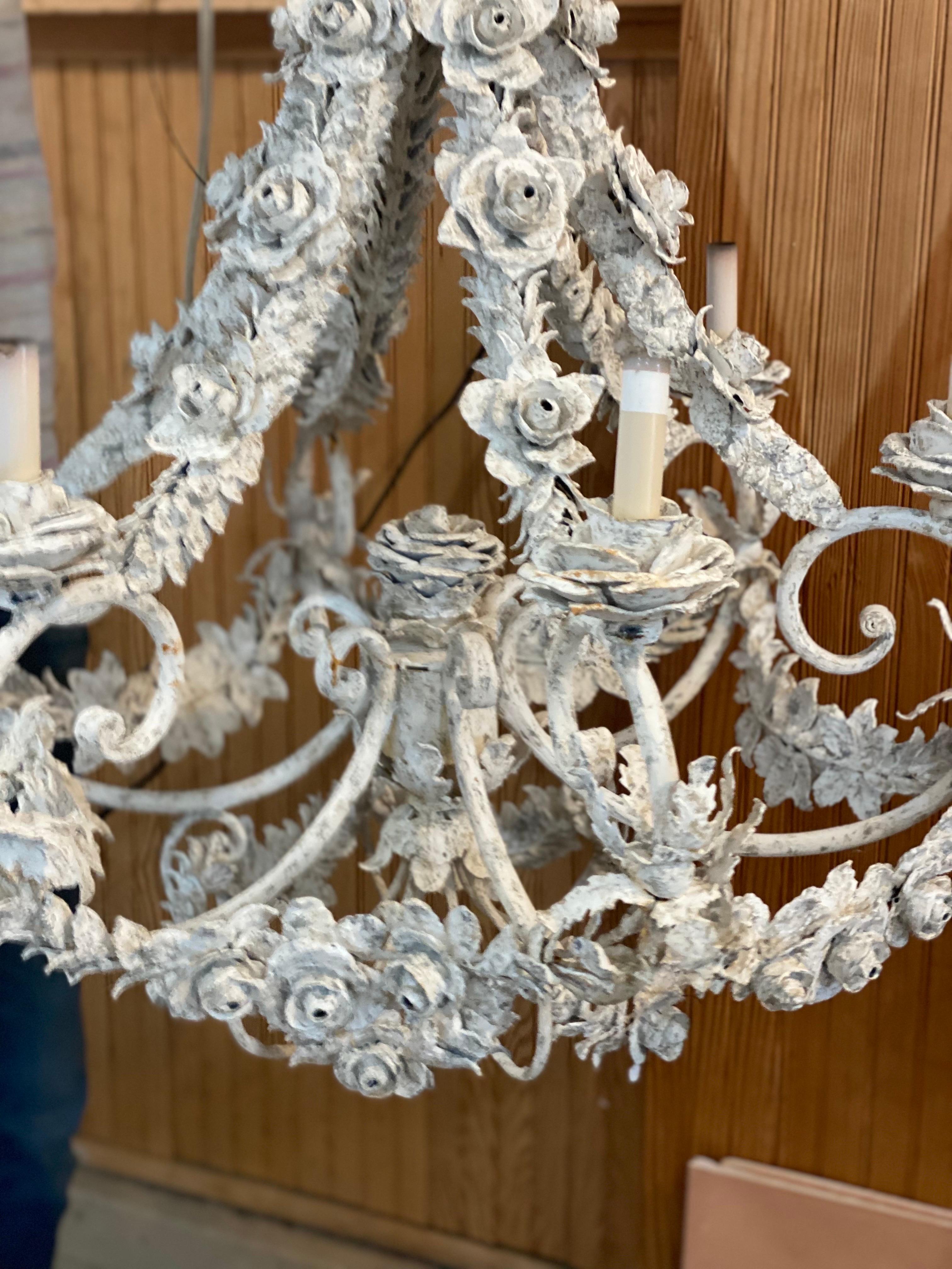 21st Century French Floral Metal Painted Chandelier For Sale 2