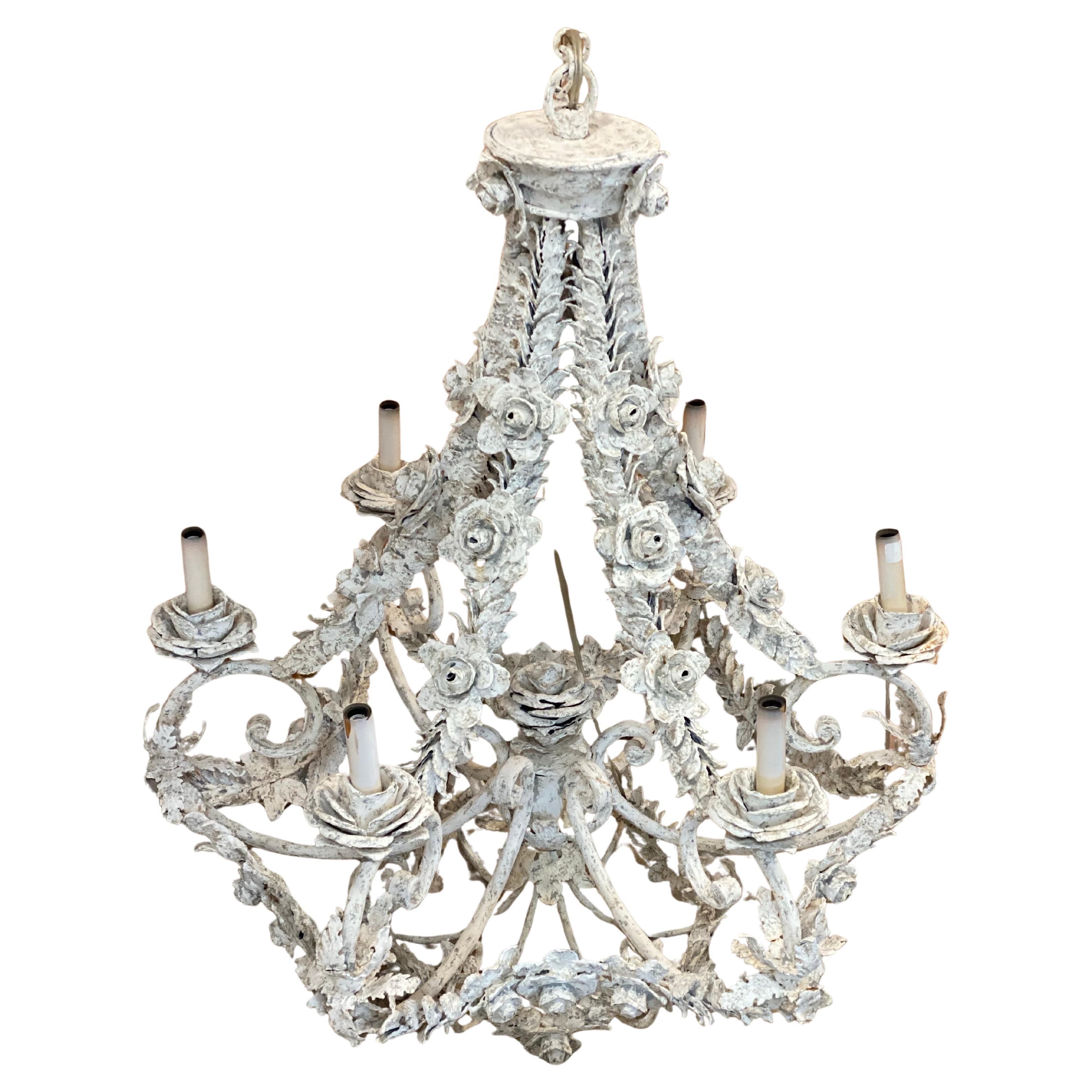 21st Century French Floral Metal Painted Chandelier For Sale