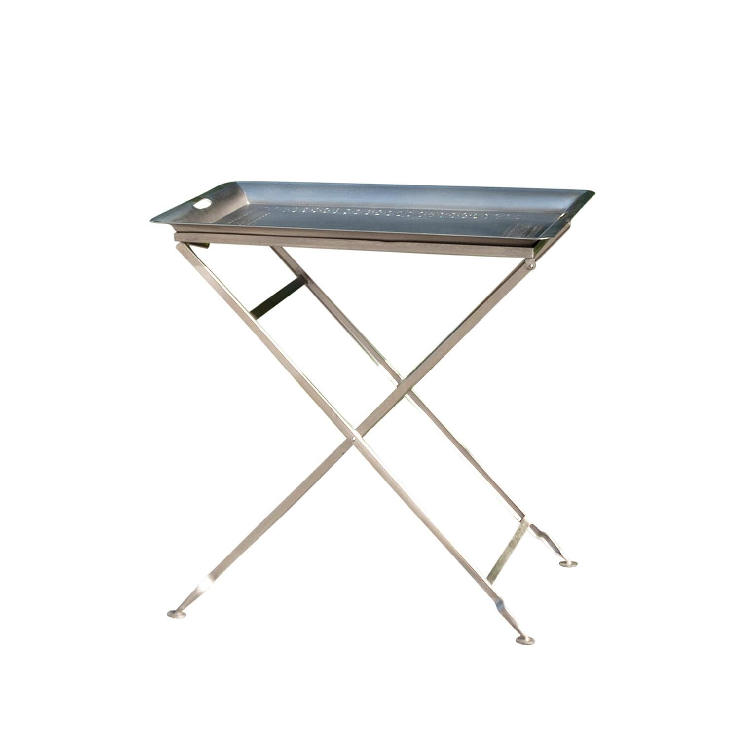 A rectangular, French silver folding tray or serving table made of metal, consisting a detachable silver tray, in good condition. Finish may vary. Wear consistent with age and use. Circa 21st Century, France.