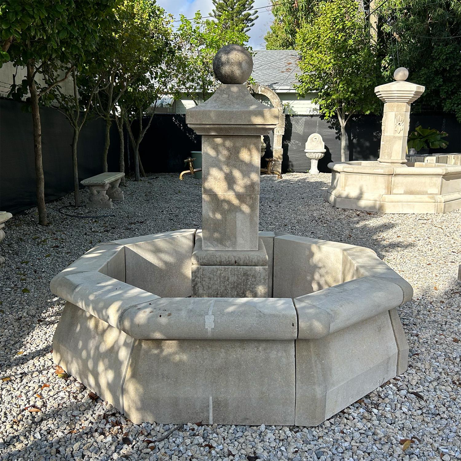 Hand-Carved 21st Century French Petite Octagonal Central Limestone Fountain For Sale