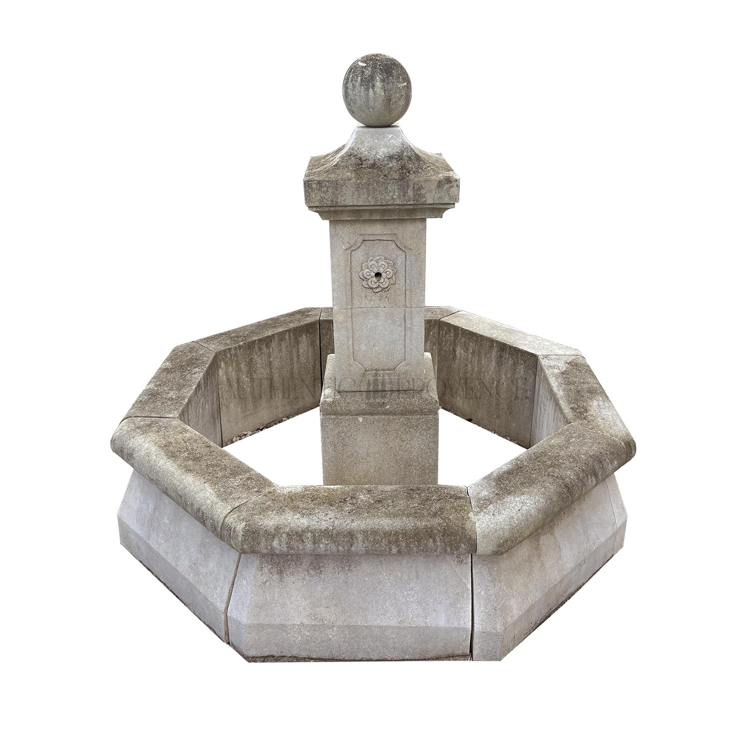 Hand-Carved 21st Century French Petite Octagonal Central Limestone Fountain For Sale